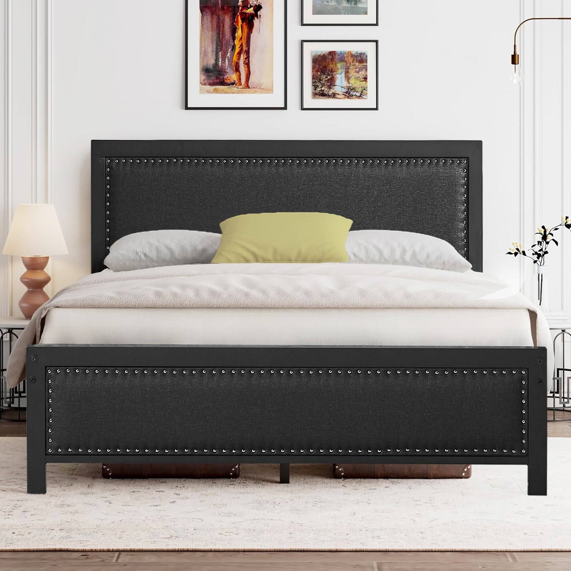 Front. Vecelo - Modern Upholstered Queen Size Bed Frame with Storage, Headboard Shelf, Metal Slats, Noise-Free Design - Black.