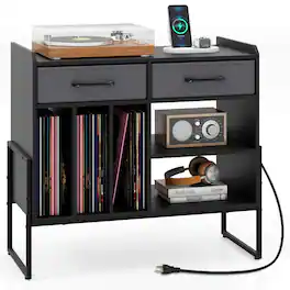 Costway - Large Record Player Stand with Charging Station, 2 Fabric Drawers, Adjustable Shelf - Black