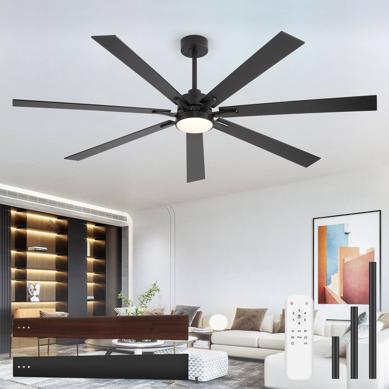 The image does not contain any text. It shows a modern living room with a ceiling fan, a TV, and a remote control.