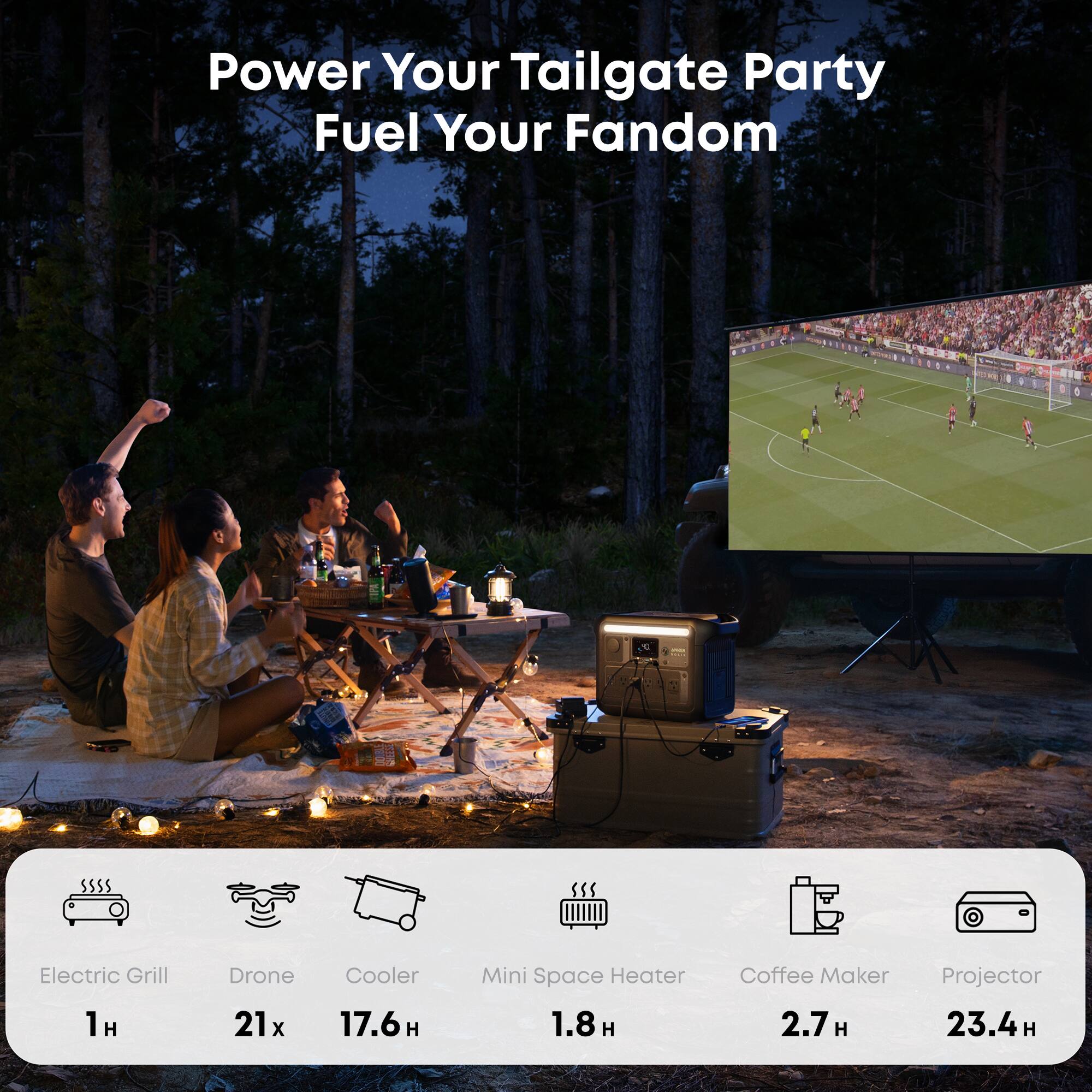 Power Your Tailgate Party Fuel Your Fandom

ANGH
Electric Grill 1H
Drone 21x
Cooler 17.6H
Mini Space Heater 1.8H
Coffee Maker 2.7H
Projector 23.4H