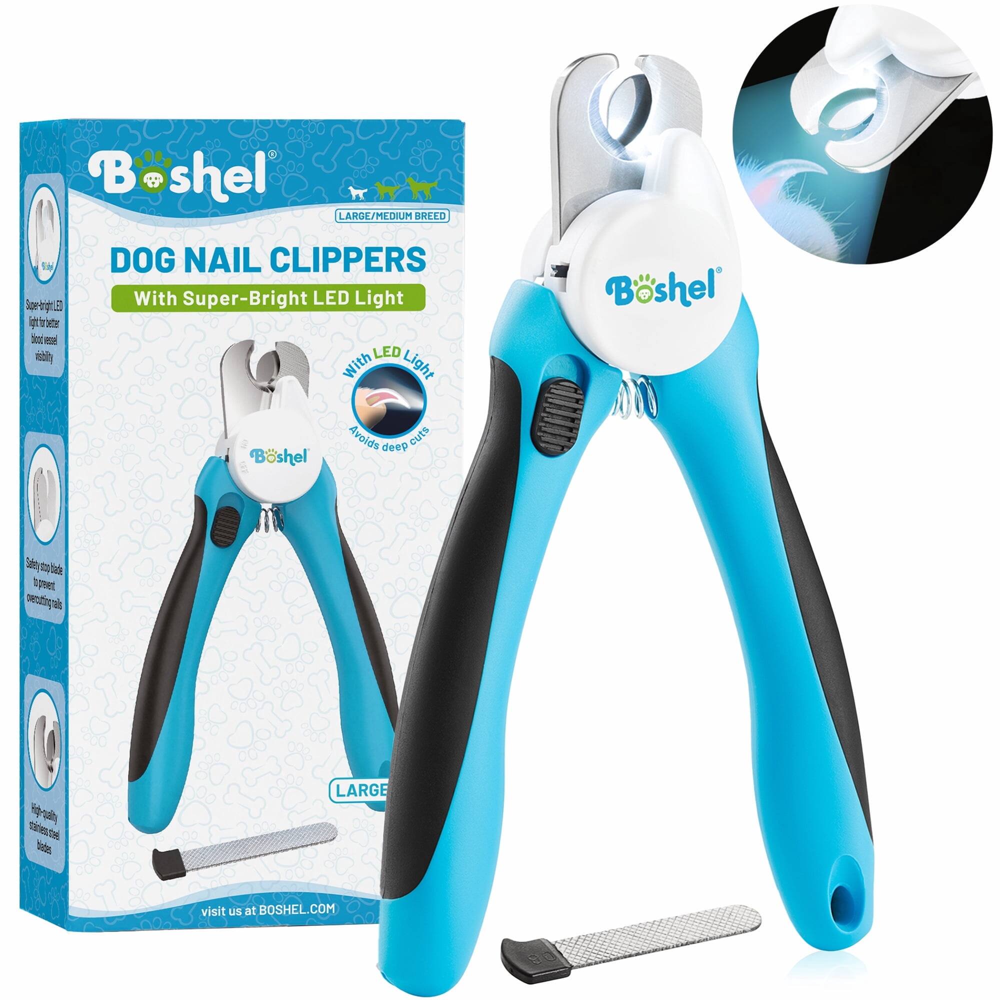 Boshel  
LARGE/MEDIUM BREED  
DOG NAIL CLIPPERS With Super-Bright LED Light  
LED With Light Avoids deep cuts  
Boshel  
stop blade topper  
High daily stainless blades  
LARGE  
visit us at BOSHHEL.COM