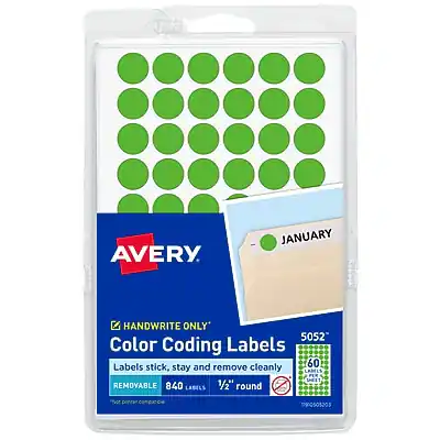 AVERY
JANUARY
HANDWRITE ONLY
Color Coding Labels
5052
Labels stick, stay and remove cleanly
REMOVABLE
840 Labels
1/2" round
60
Not computer compatible
Hot mag0505205