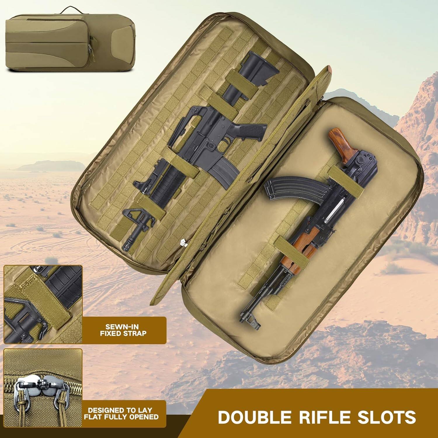 - Sewn-in fixed strap
- Designed to lay flat fully opened
- Double rifle slots