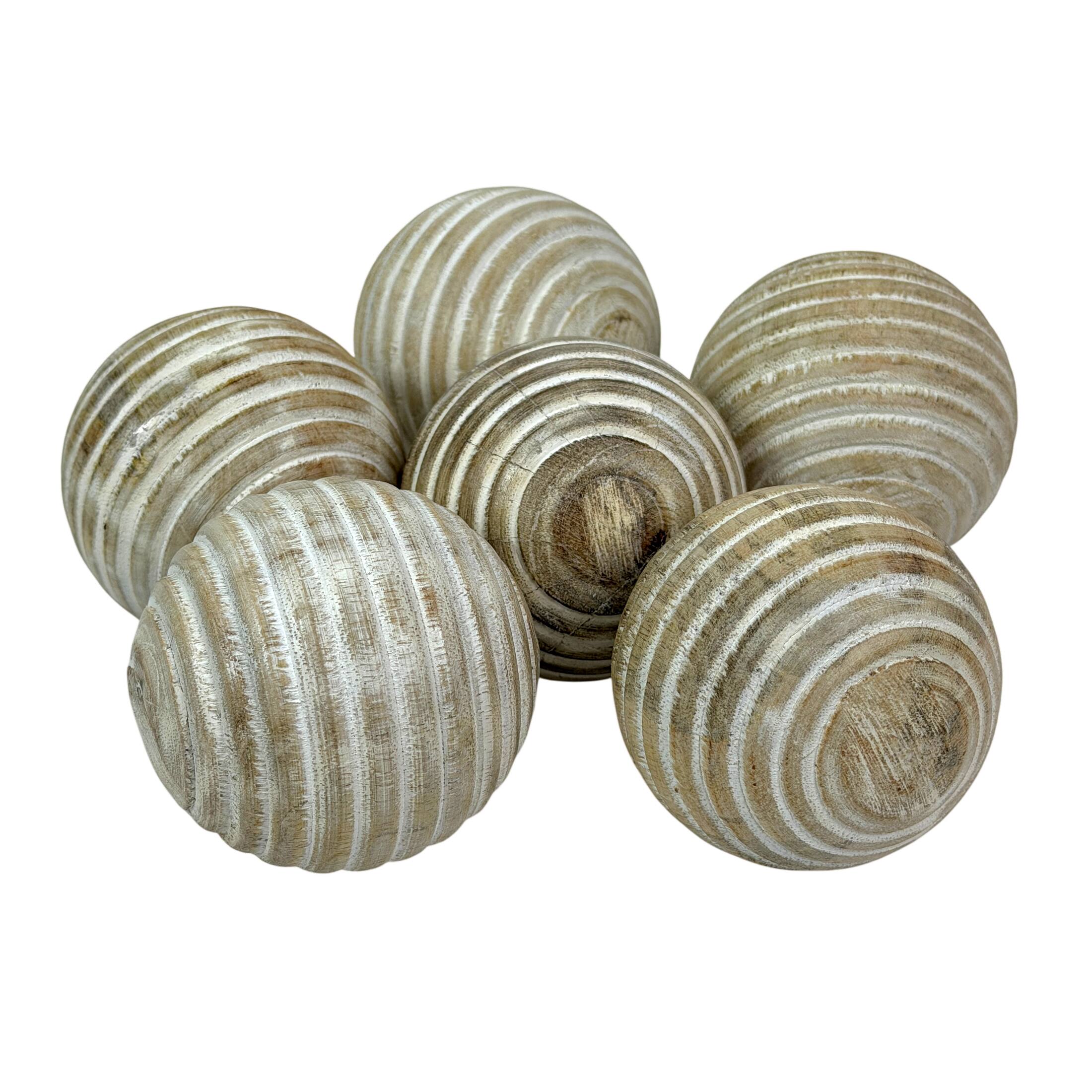 Alt View 1. PD Home & Garden - Set of 6 Whitewashed Wood Decorative Orbs 3 Inch Ridged Striped Bowl Fillers - White.