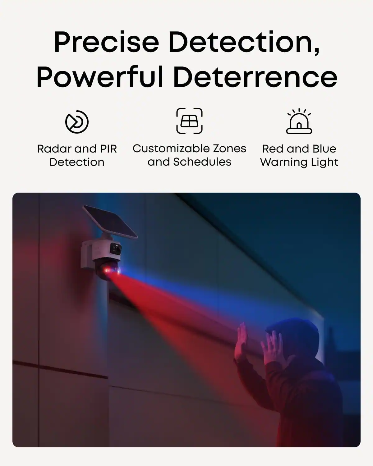 Precise Detection, Powerful Deterrence

- Radar and PIR Detection
- Customizable Zones and Schedules
- Red and Blue Warning Light