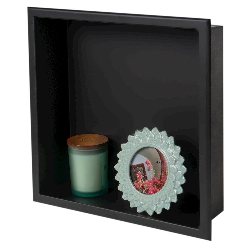 Left. Alfi - 16" x 16" Black Matte Stainless Steel Square Single Shelf Bath Shower Niche - Black.