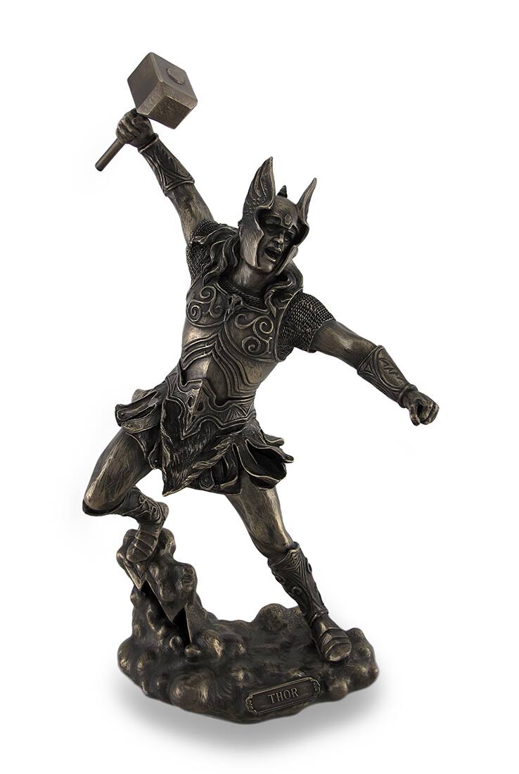 Front. Veronese Design - Thor, Norse God of Thunder, Wielding Hammer Sculptured Bronzed Statue - Bronze.