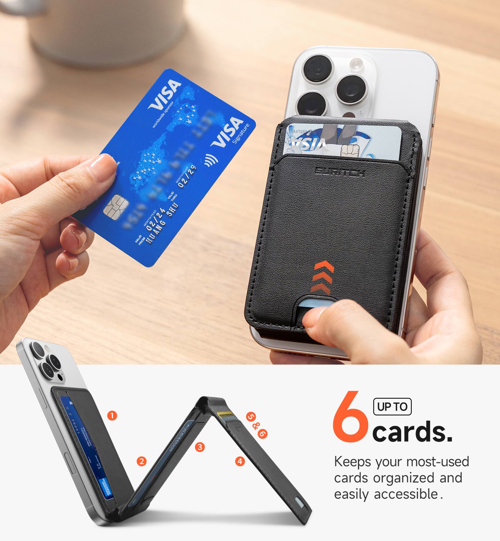 VISA 1mon apoput VISA Signature 02/29 SFTEL I H WiLE D- 4 SHU HUANG 02/2 TES I DuTTO VISA SMEA < PRU I 1 2 3 4 5 & 9 UP TO 6 cards. Keeps your most-used cards organized and easily accessible.