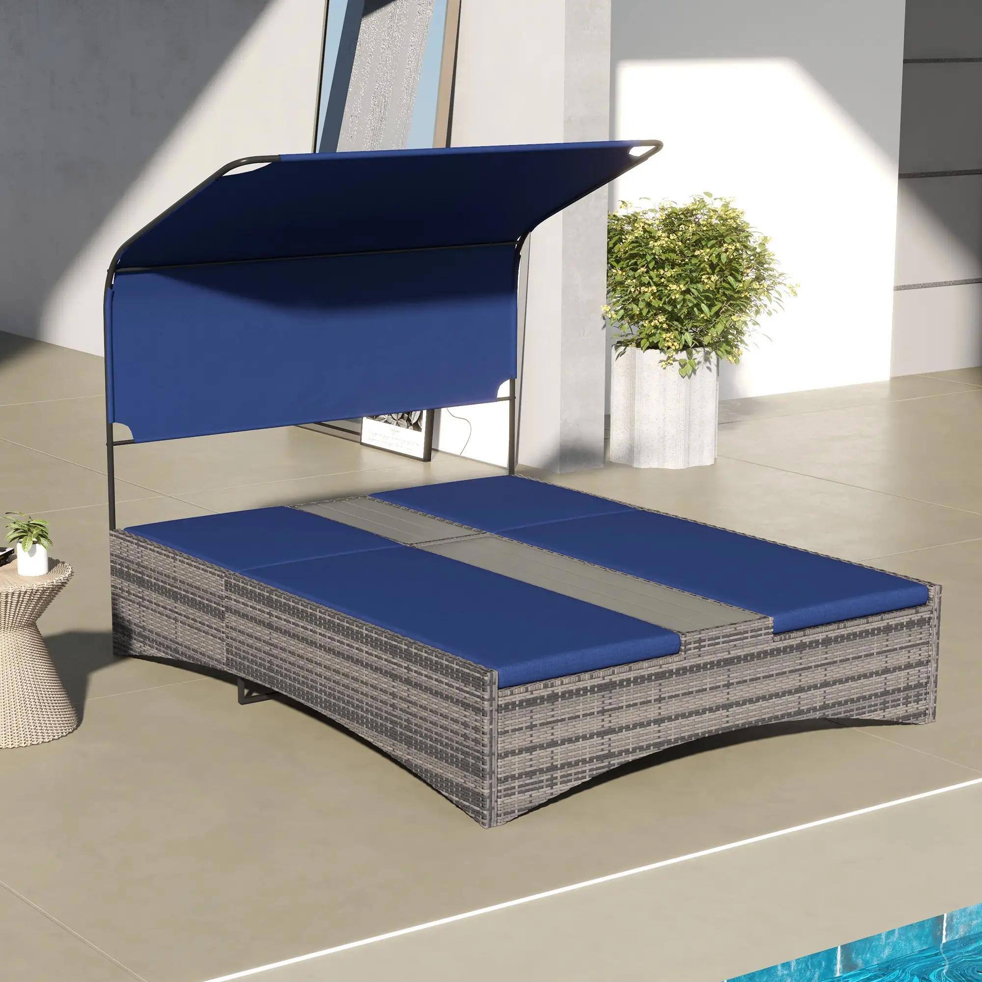 Alt View 7. Resenkos - Resenkos Outdoor Elegance PE Rattan Double Chaise Lounge, Reclining Daybed With Canopy, Dark Blue - Dark Blue.