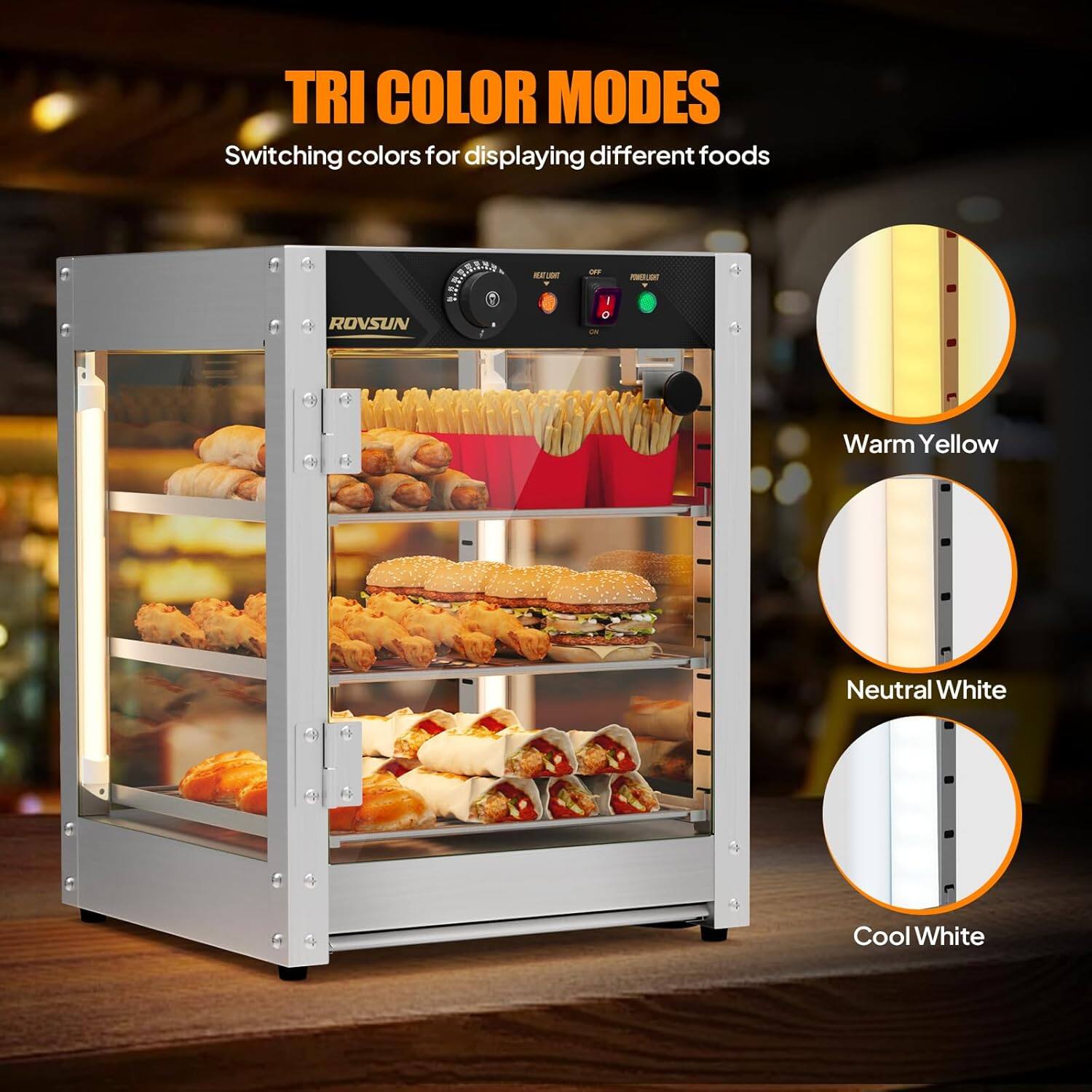 TRI COLOR MODES  
Switching colors for displaying different foods  

Warm Yellow  
Neutral White  
Cool White