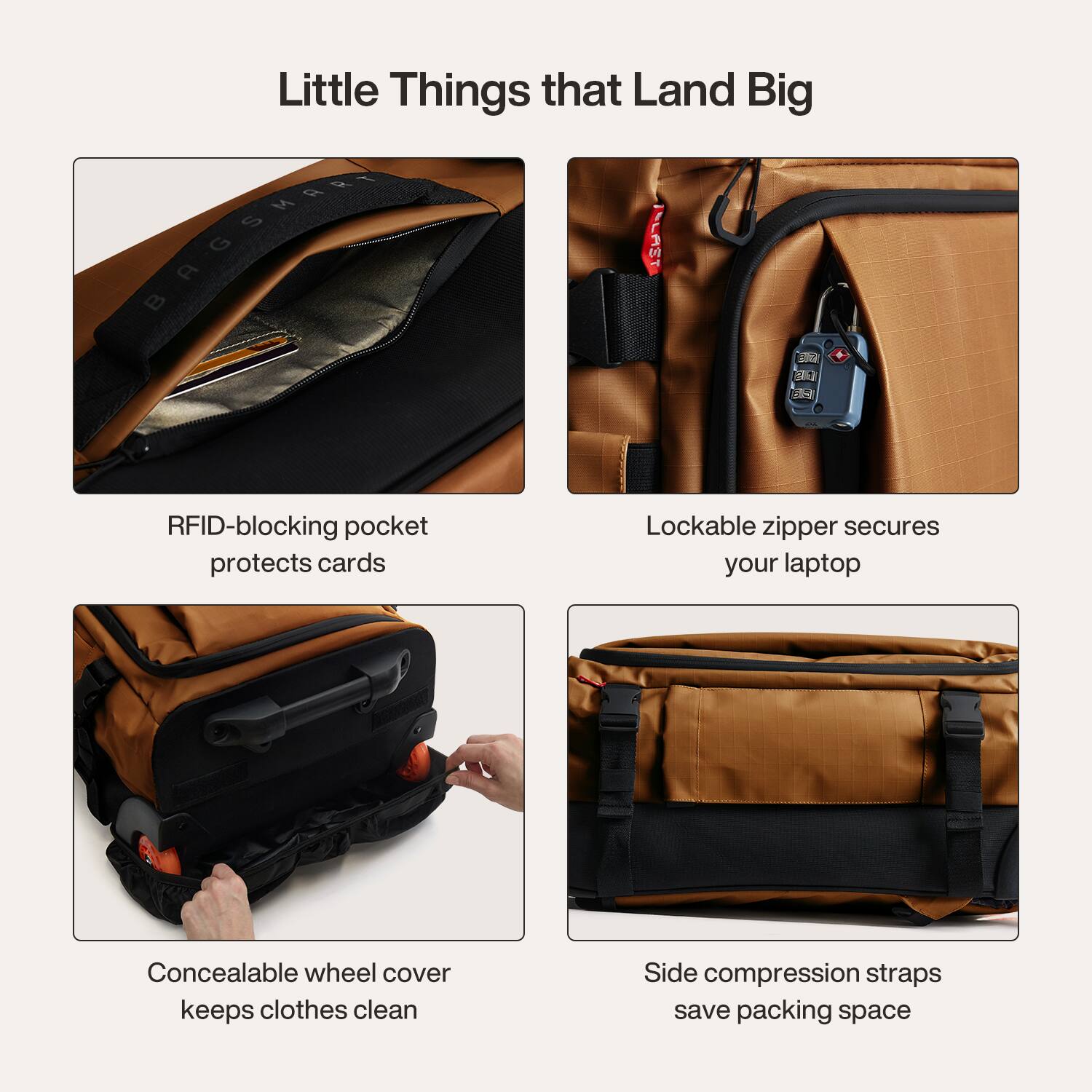 Little Things that Land Big

- RFID-blocking pocket protects cards
- Lockable zipper secures your laptop
- Concealable wheel cover keeps clothes clean
- Side compression straps save packing space