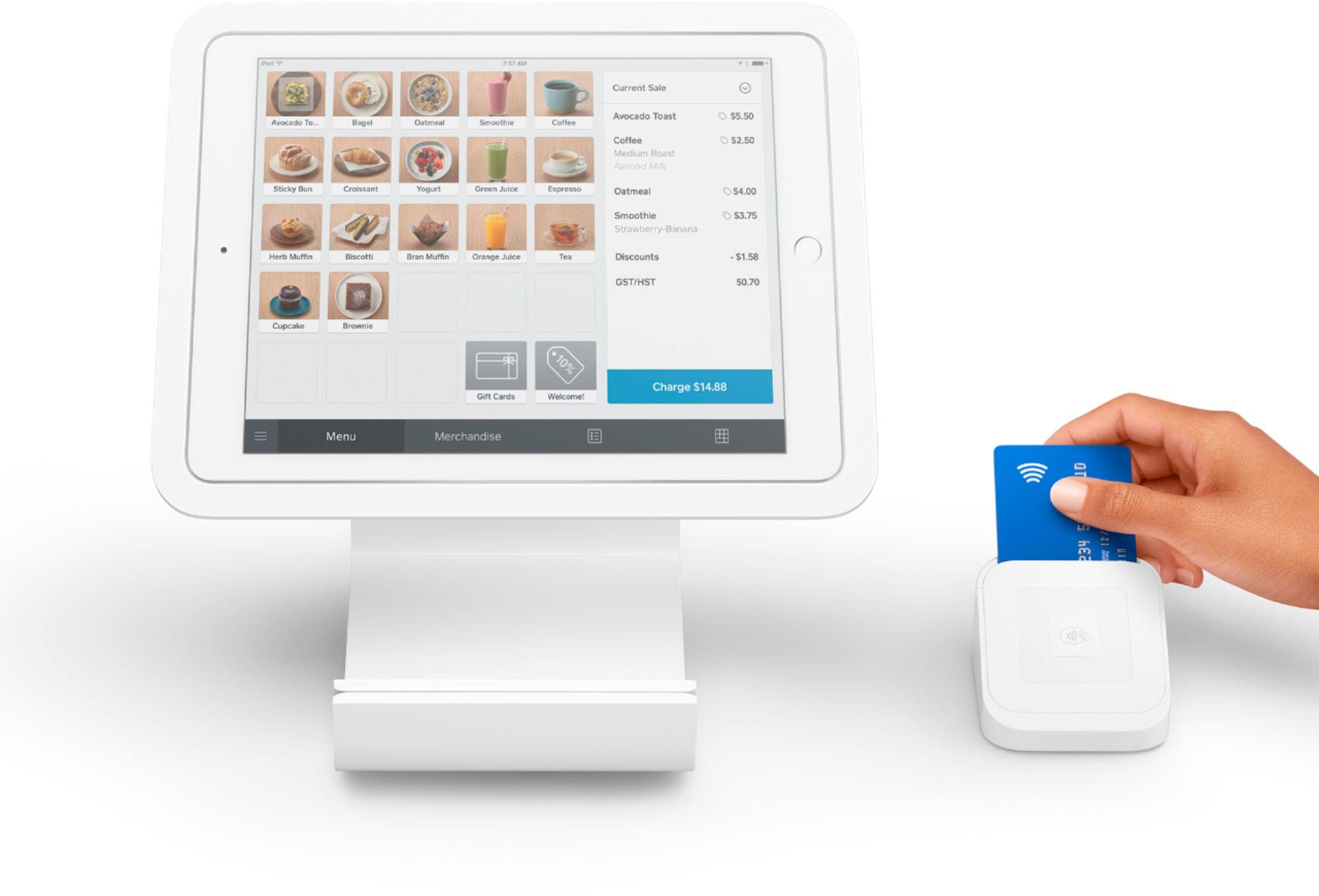 Alt View 14. Square - Square Stand for Contactless and Chip for Apple® iPad (2017, 2018), iPad Pro 9.7" and iPad Air (1, 2) - Glossy white.