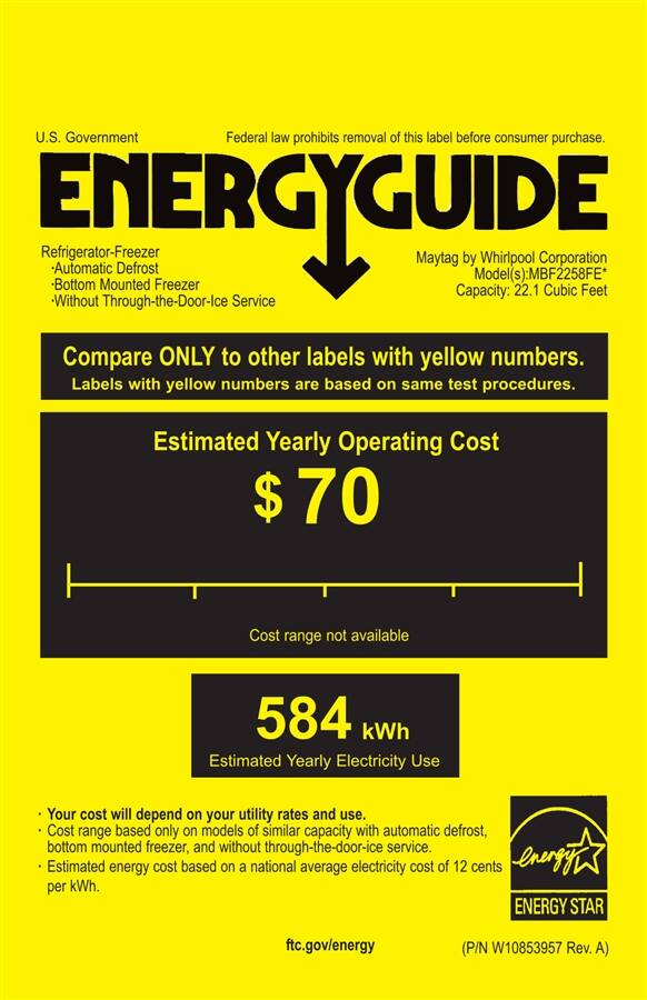 Energy Guide. Maytag - 22.1 Cu. Ft. Bottom-Freezer Refrigerator - White on white.