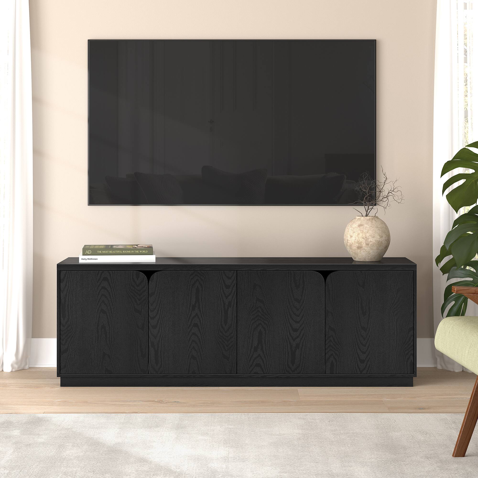 Alt View 2. Hudson&Canal - Fitzroy Rectangular TV Stand for TV's up to 78" in Black Grain - Black Grain.