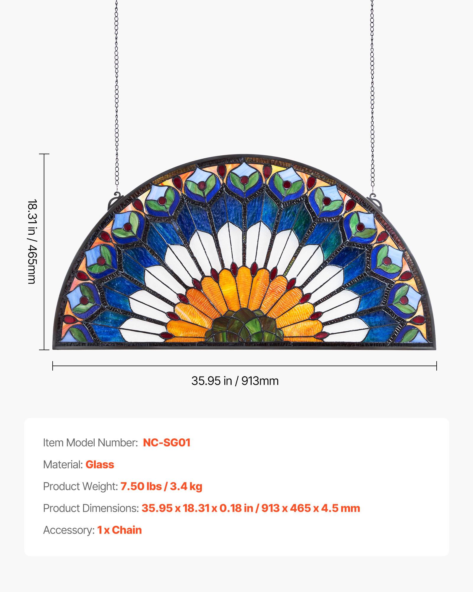 18.31 in / 465mm  
35.95 in / 913mm  

Item Model Number: NC-SGO1  
Material: Glass  
Product Weight: 7.50 lbs / 3.4 kg  
Product Dimensions: 35.95 x 18.31 x 0.18 in / 913 x 465 x 4.5 mm  
Accessory: 1x Chain