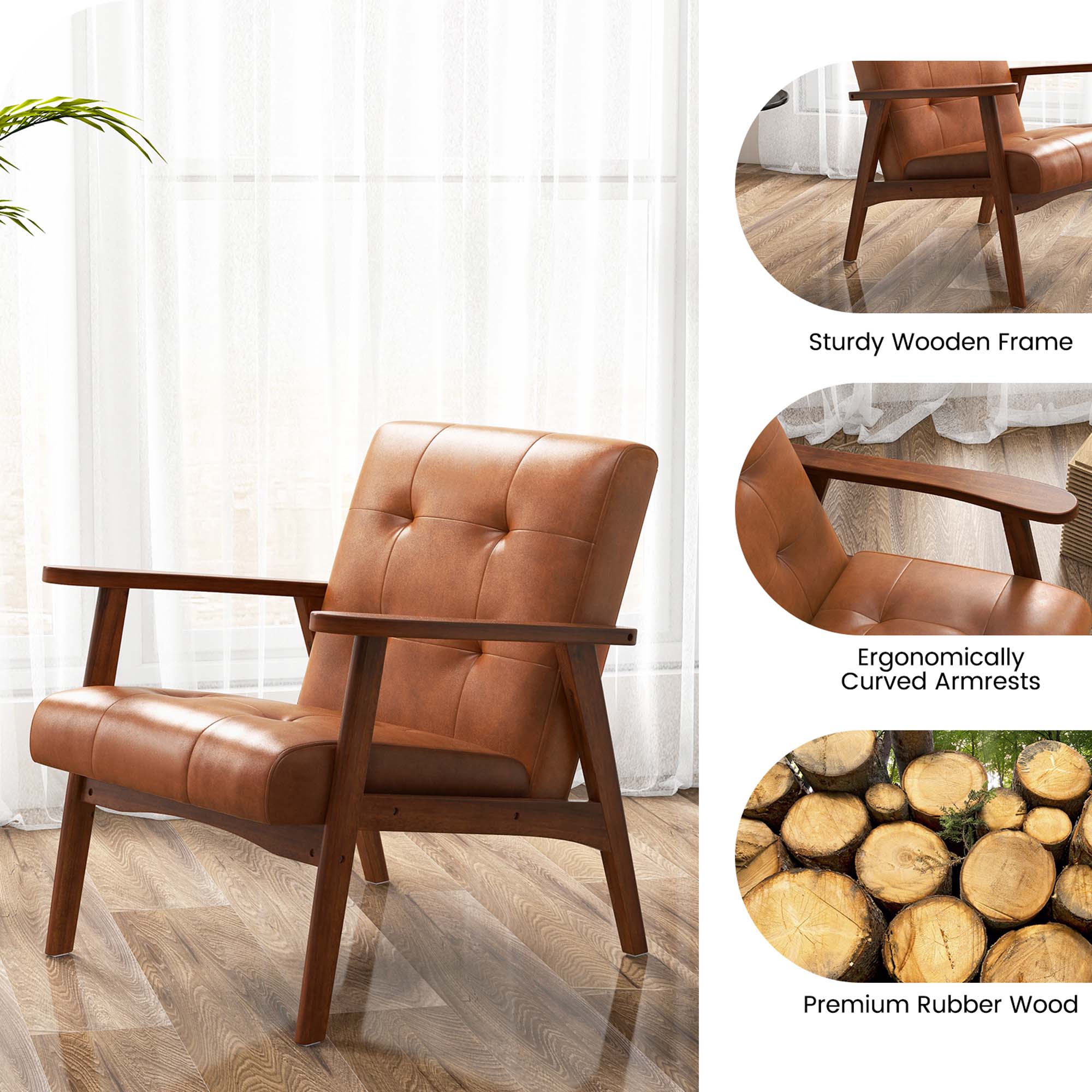 Sturdy Wooden Frame  
Ergonomically Curved Armrests  
Premium Rubber Wood