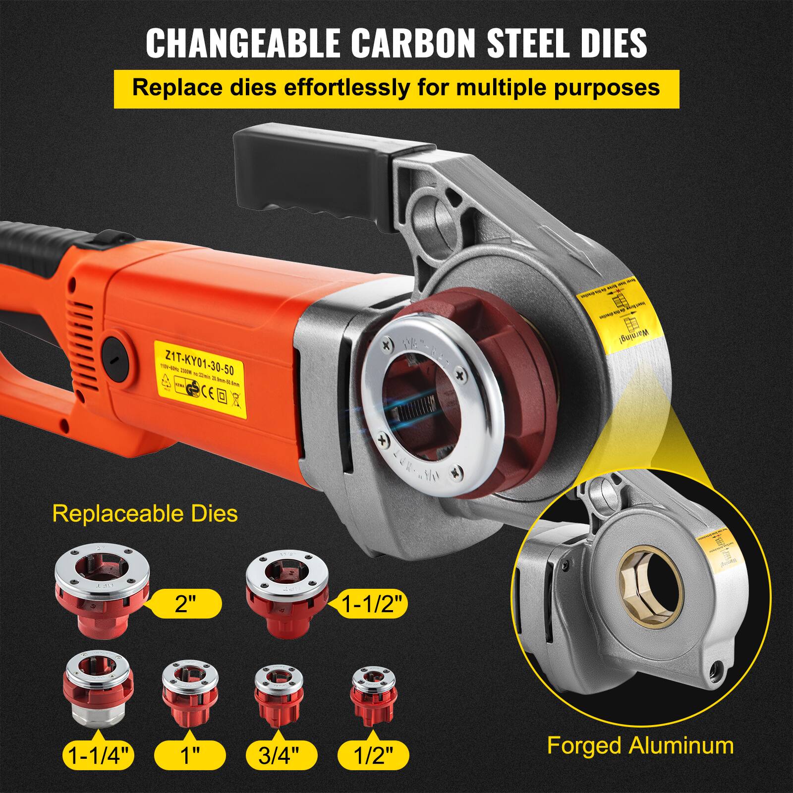 CHANGEABLE CARBON STEEL DIES  
Replace dies effortlessly for multiple purposes  

Z1T-KYO1-30-50  

Replaceable Dies  
2"  
1-1/2"  
1-1/4"  
1"  
3/4"  
1/2"  

Forged Aluminum