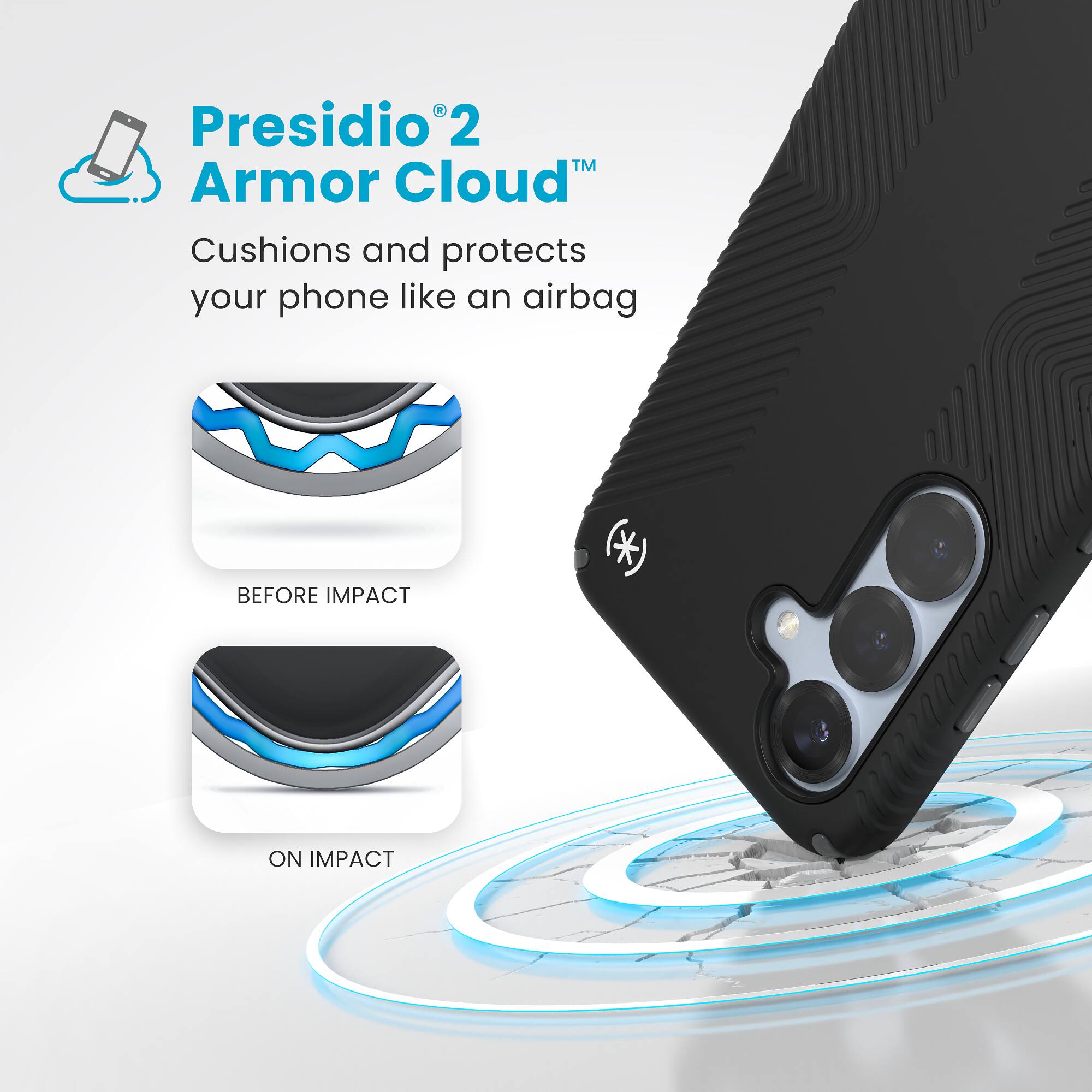 Presidio2 Armor Cloud: Cushions and protects your phone like an airbag BEFORE IMPACT *) ON IMPACT