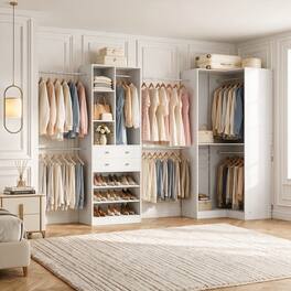 Aheaplus - 59.3 - 138 Inch Adjustable Walk-in Corner Closet Organizer with 7 Hanging Rods, 11 Shelves and 2 Drawers - White