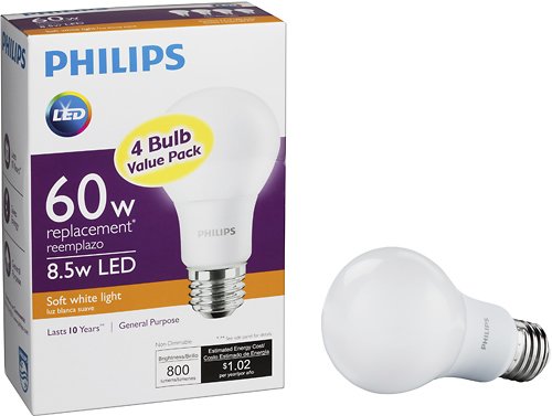 Philips - 800-Lumen, 8.5W A19 LED Light Bulb, 60W Equivalent (4-Pack) - White - Larger Front
