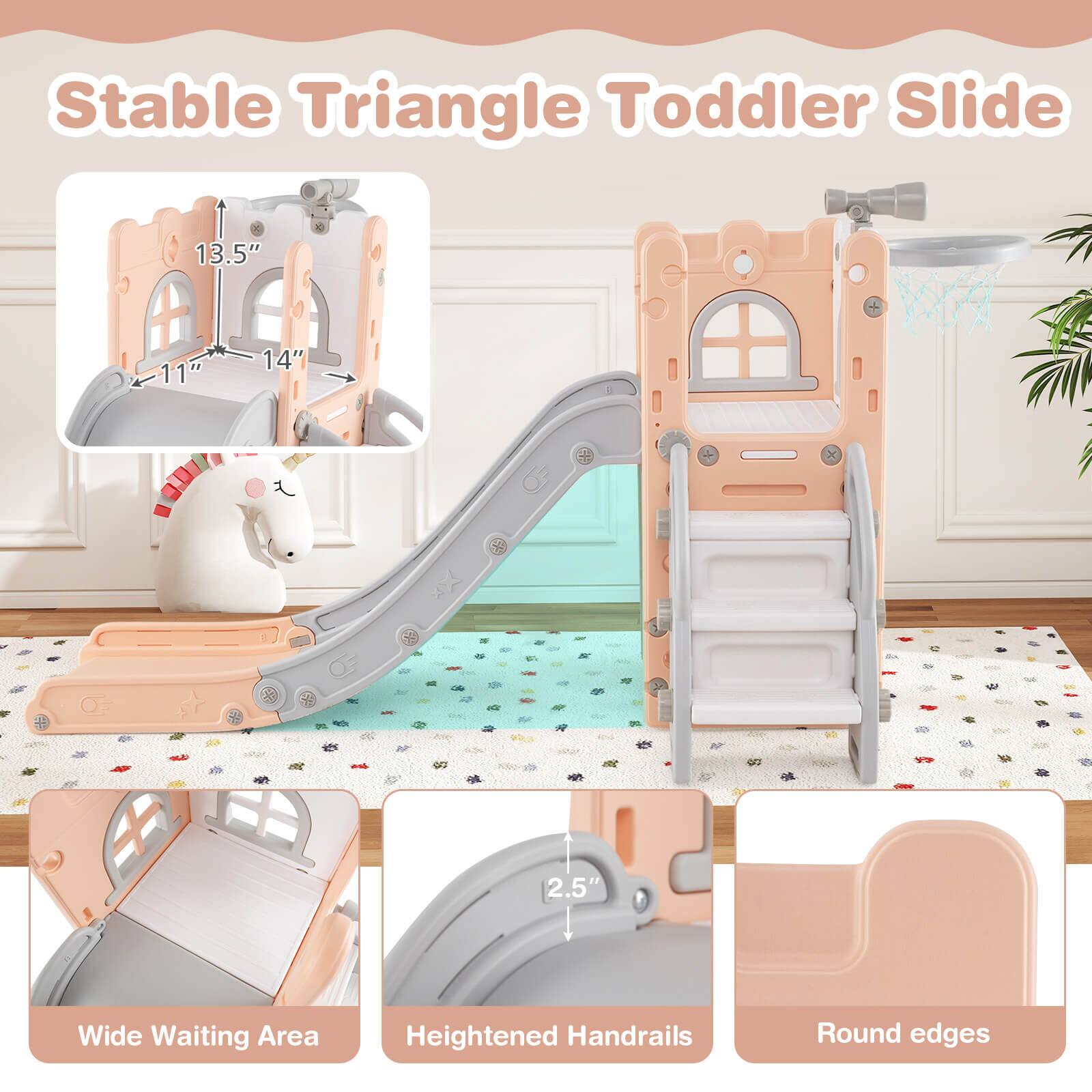 Stable Triangle Toddler Slide

- 13.5" Height
- 11" Width
- 14" Length
- 2.5' Wide Waiting Area
- Heightened Handrails
- Round edges