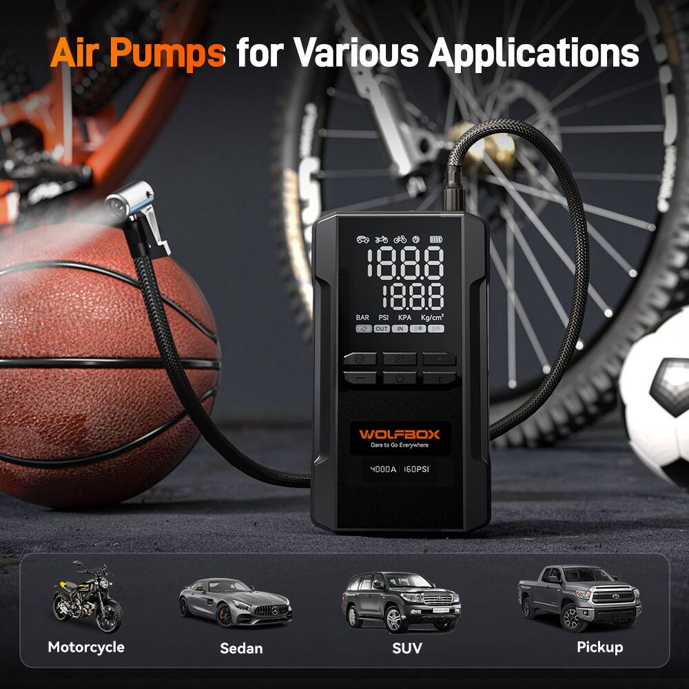 Air Pumps for Various Applications

18.88 BAR PS KPA Kg/cm² OUT IN

WOLFBOX Dare to Go Everywhere

4000A 160PSI

Motorcycle Sedan SUV Pickup
