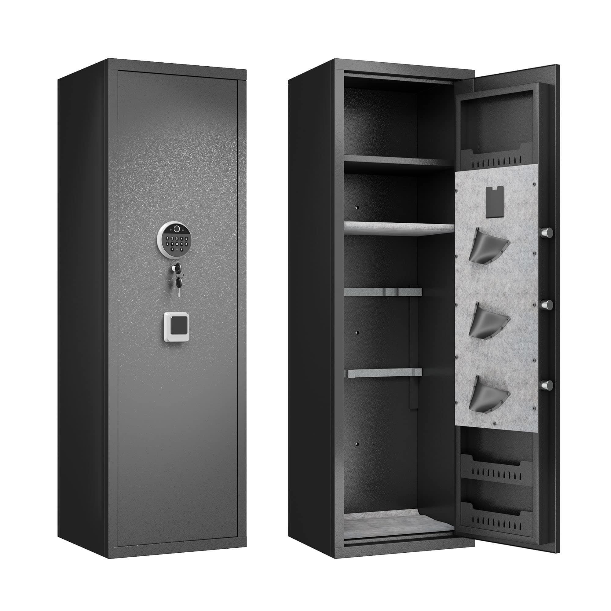 The image shows a safe with the following features:

- Digital keypad lock
- Key lock
- Multiple shelves and compartments inside
- Reinforced door with a handle
- Fire-resistant and burglary-resistant design

The safe is designed for secure storage of valuables.
