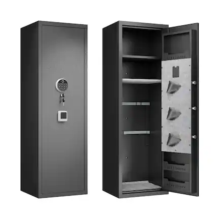 The image shows a safe with the following features:
- Digital keypad lock
- Key lock
- Multiple shelves and compartments inside
- Reinforced door with a handle
- Fire-resistant and burglary-resistant design
The safe is designed for secure storage of valuables.