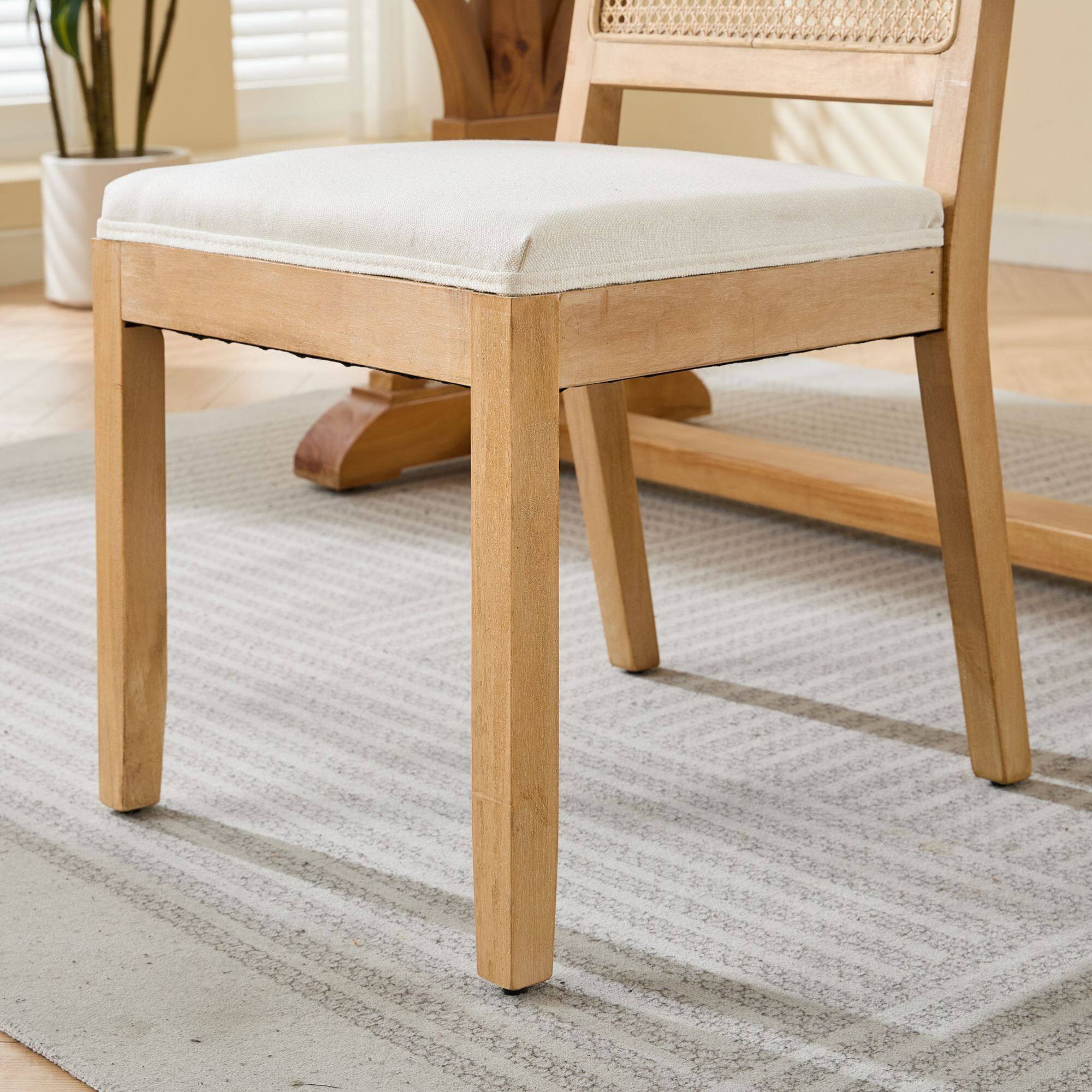 Alt View 8. GOODSILO - Set of 2 Modern Farmhouse Dining Chairs with Rattan Backrest and Linen Upholstery for Kitchen and Dining Room - Beige.