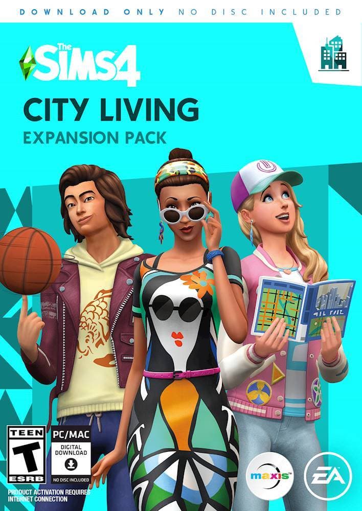 The Sims 4 City Living Expansion Pack is a digital download for PC and Mac. It is rated ESRB and does not include a physical disc. The product requires an internet connection for activation.