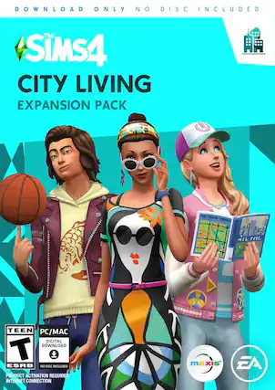 The Sims 4 City Living Expansion Pack is a digital download for PC and Mac. It is rated ESRB and does not include a physical disc. The product requires an internet connection for activation. - T (Teen 13+)