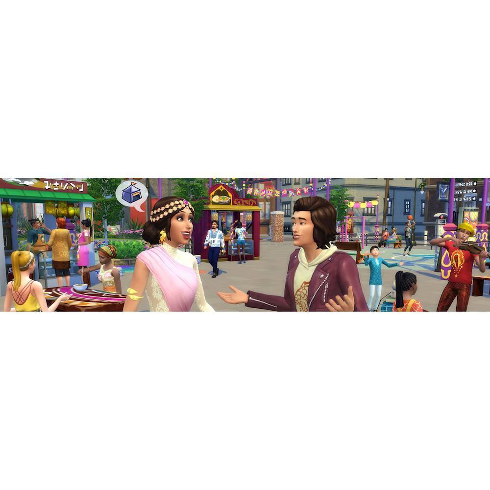 The image features a woman and a man standing next to each other, engaged in a conversation. The woman is wearing a pink dress, while the man is wearing a black jacket. They are surrounded by other people in the scene, some of whom are also engaged in conversations. The image captures a lively atmosphere, possibly in a shopping mall or a busy public area.