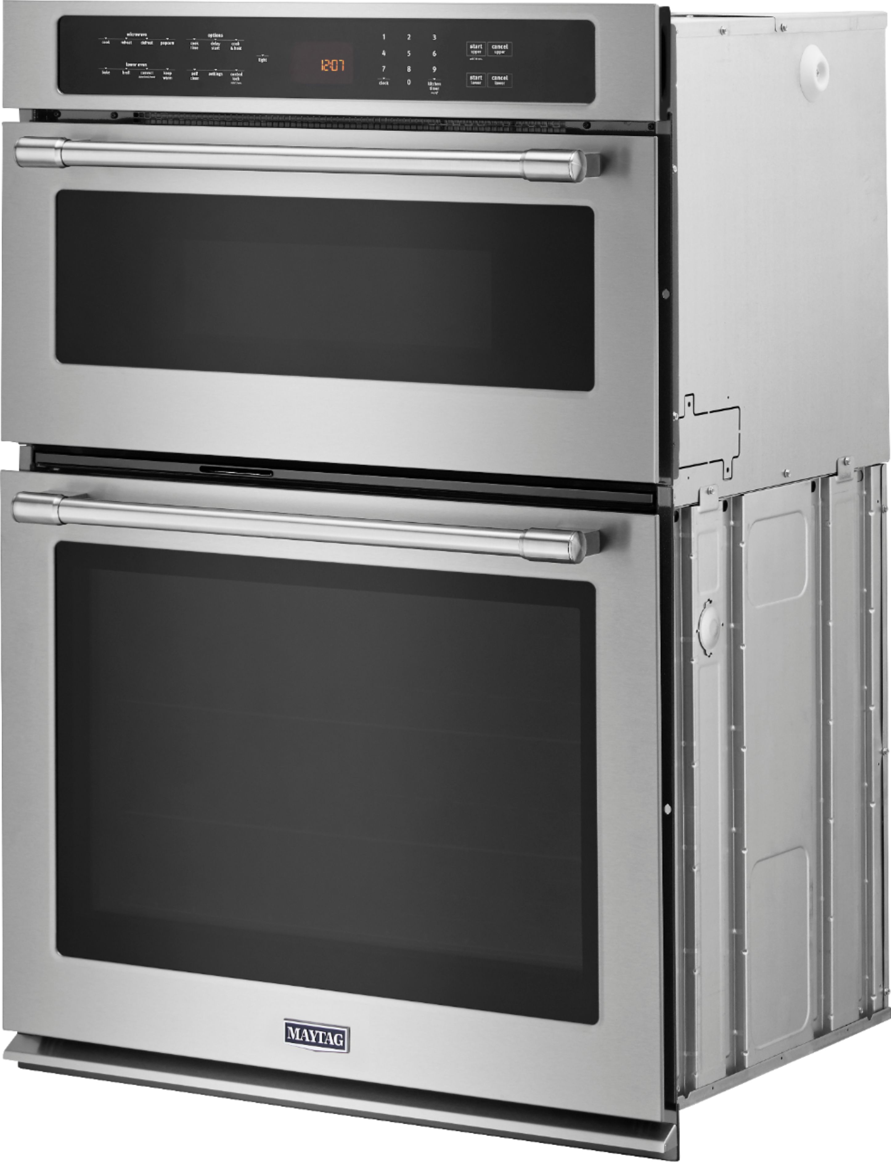 Left View: Maytag - 30" Single Electric Convection Wall Oven with Built-In Microwave - Stainless Steel