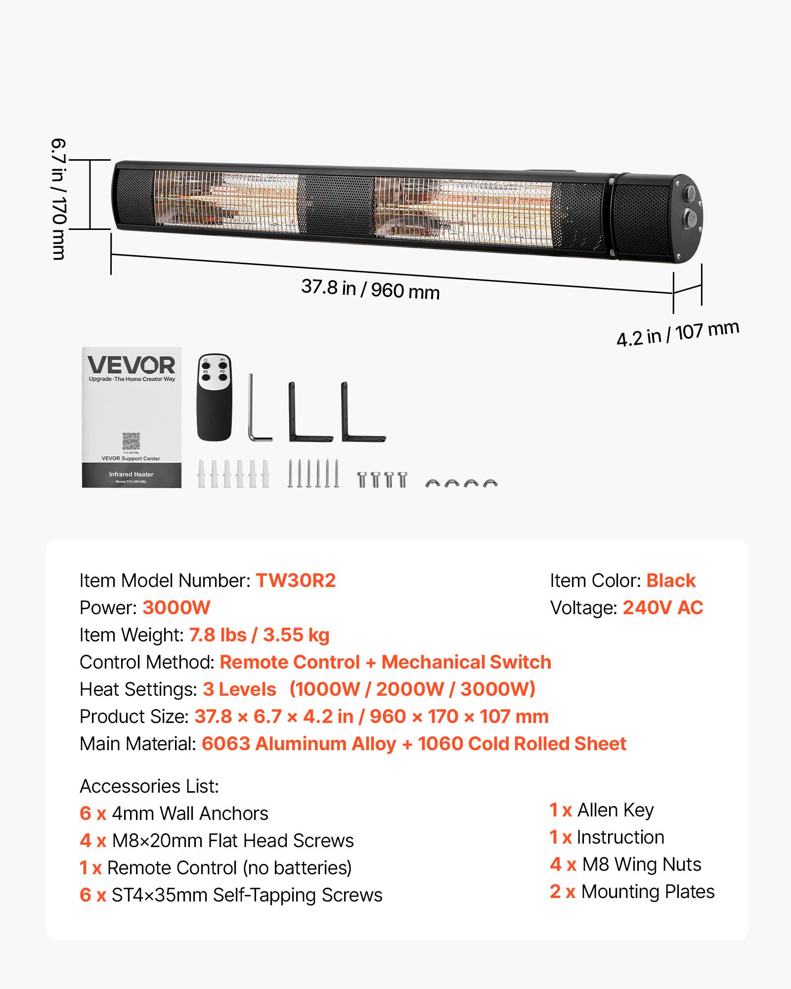 VEVOR Infrared Heater 3000W Electric Space Heater for Outdoor Use ...