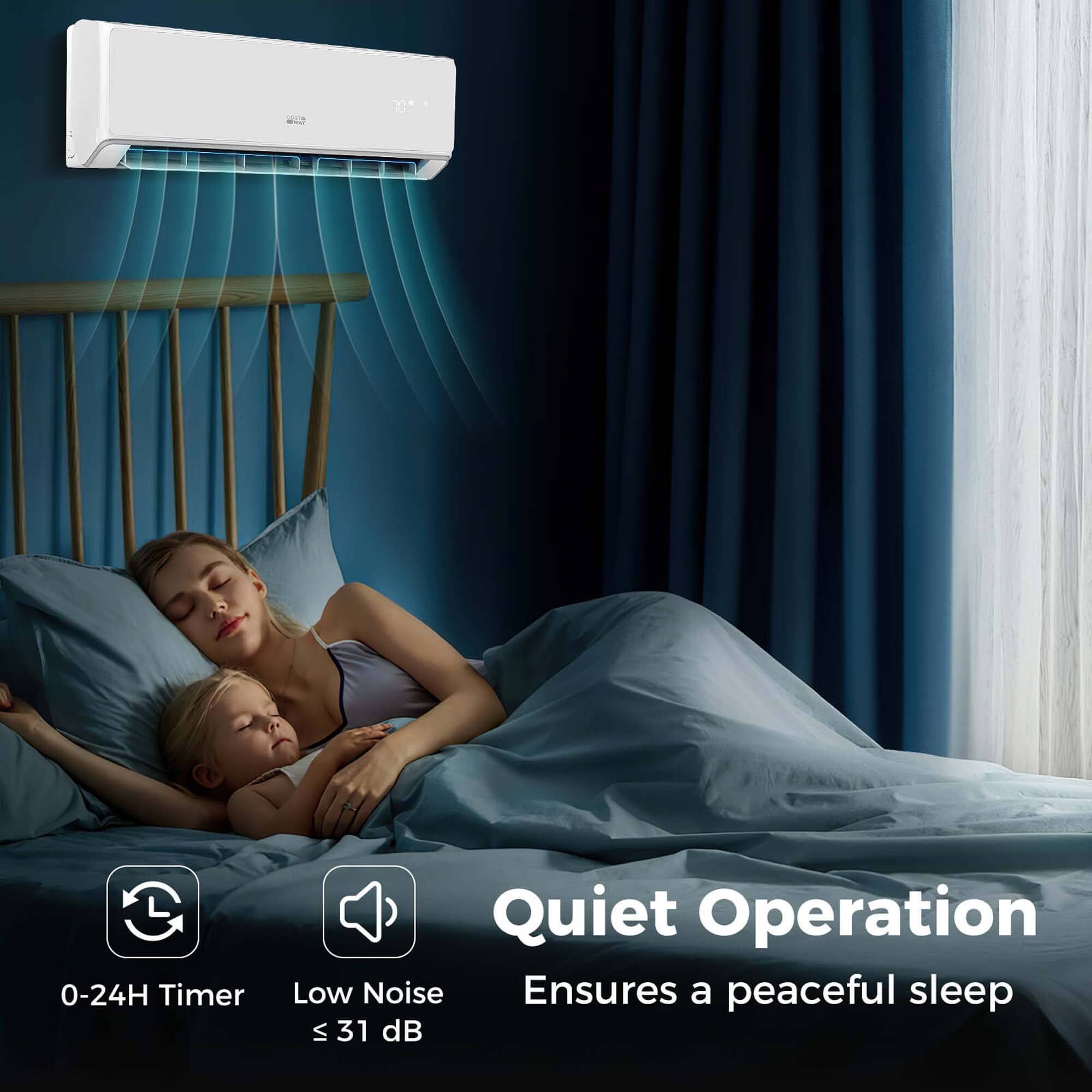 The text on the image reads: "0-24H Timer Quiet Operation Low Noise Ensures a peaceful sleep S 31 dB."