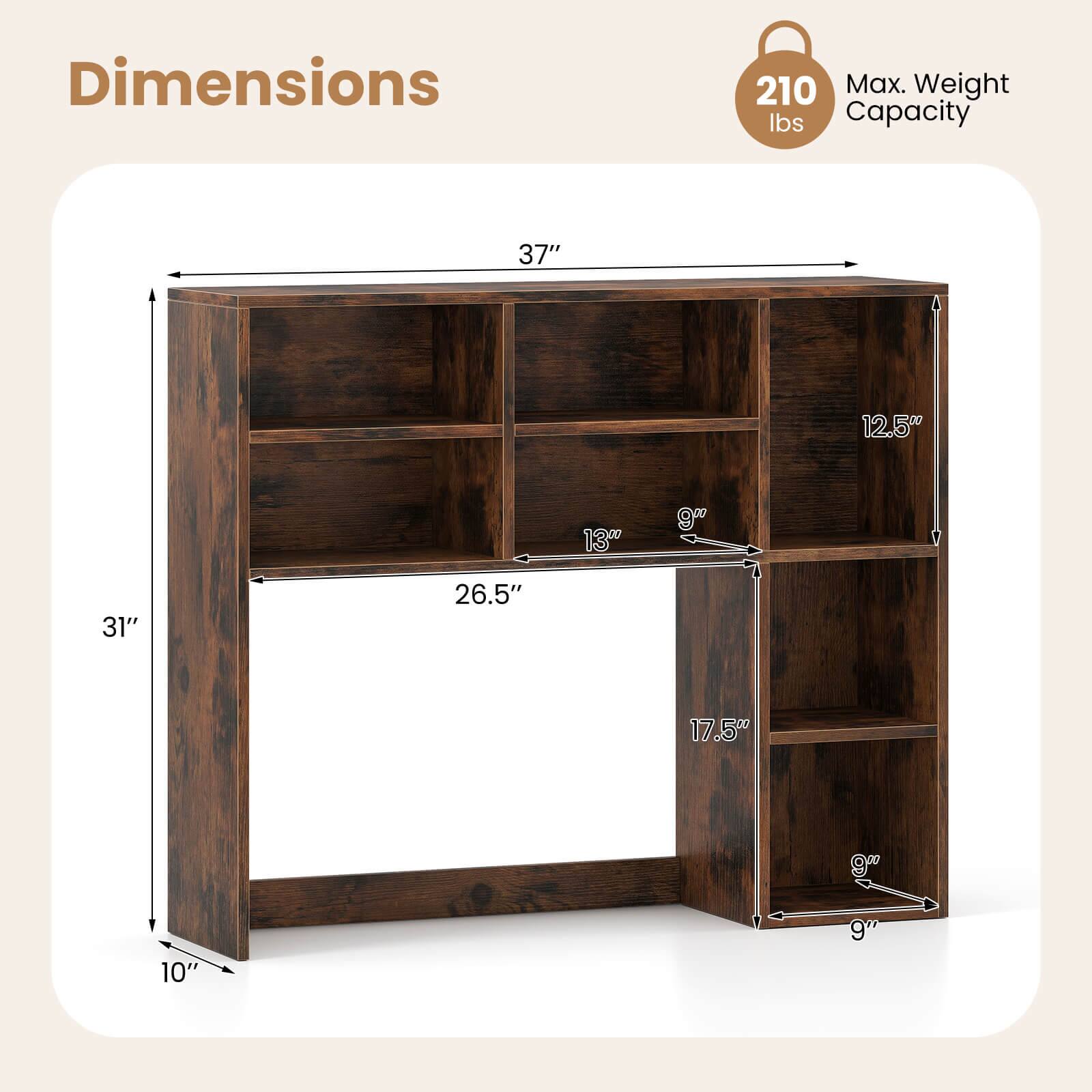 Dimensions: 37" x 12.5" x 130"
Max. Weight Capacity: 210 lbs

The image shows a wooden desk with a shelf and a drawer. The dimensions of the desk are 37" x 12.5" x 130". The maximum weight capacity of the desk is 210 lbs.