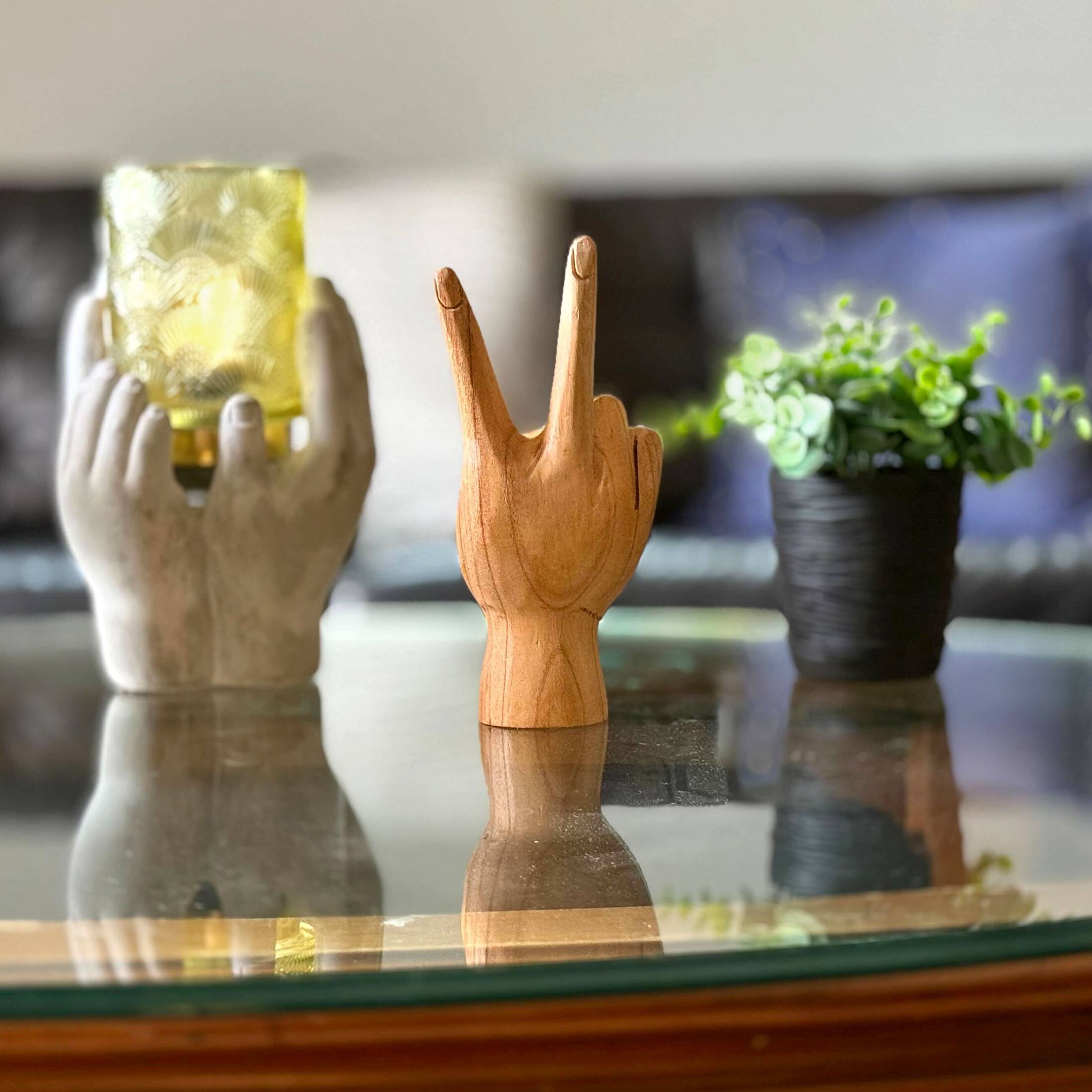 Alt View 7. Zeckos - Carved Wooden Peace Sign Hand Gesture Statue Natural Finish 7.75 Inches High - Brown.