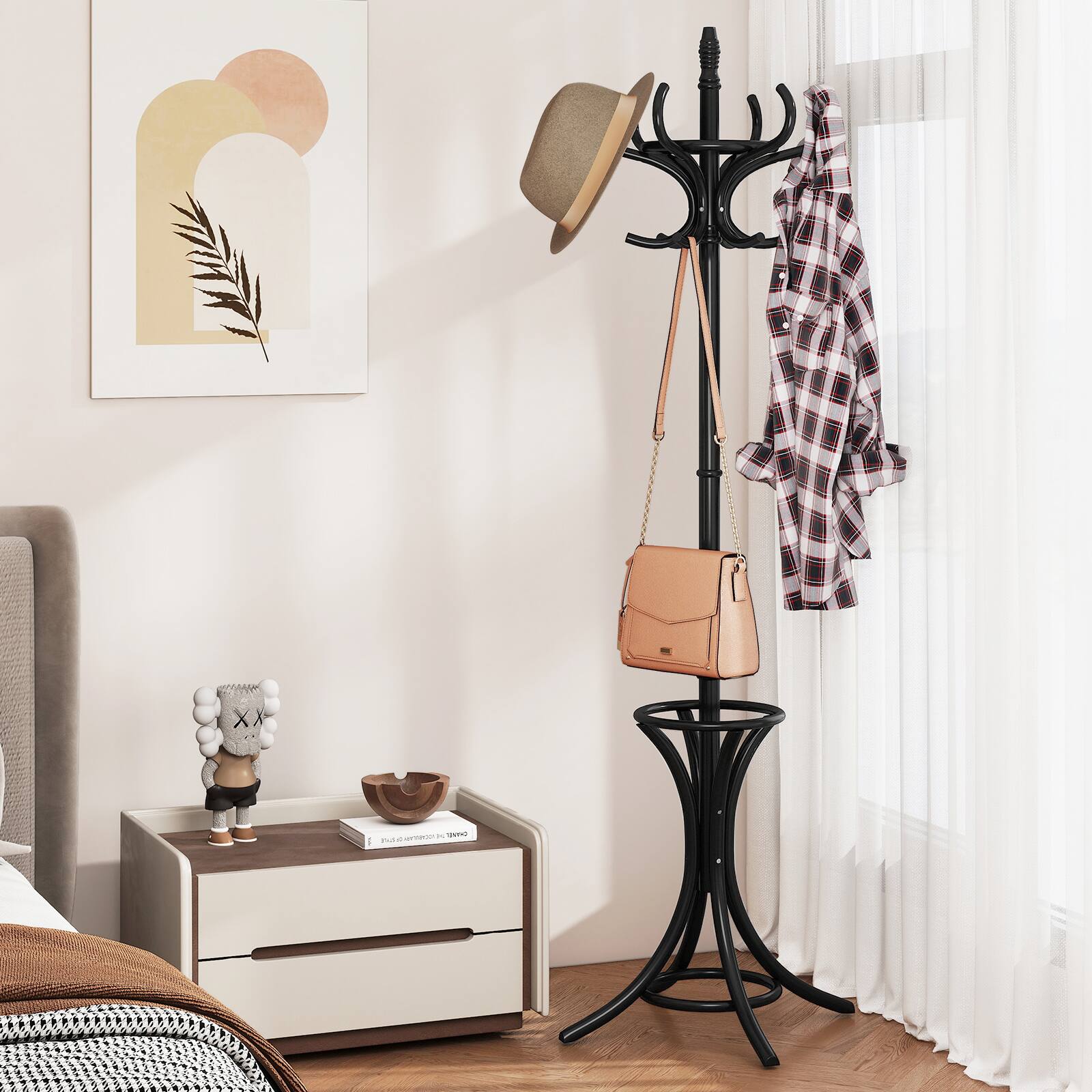 Alt View 1. Gymax - Gymax 73'' Freestanding Coat Hanger Stand Coat Rack w/ Umbrella Holder & 12 Hooks Oak - Black.