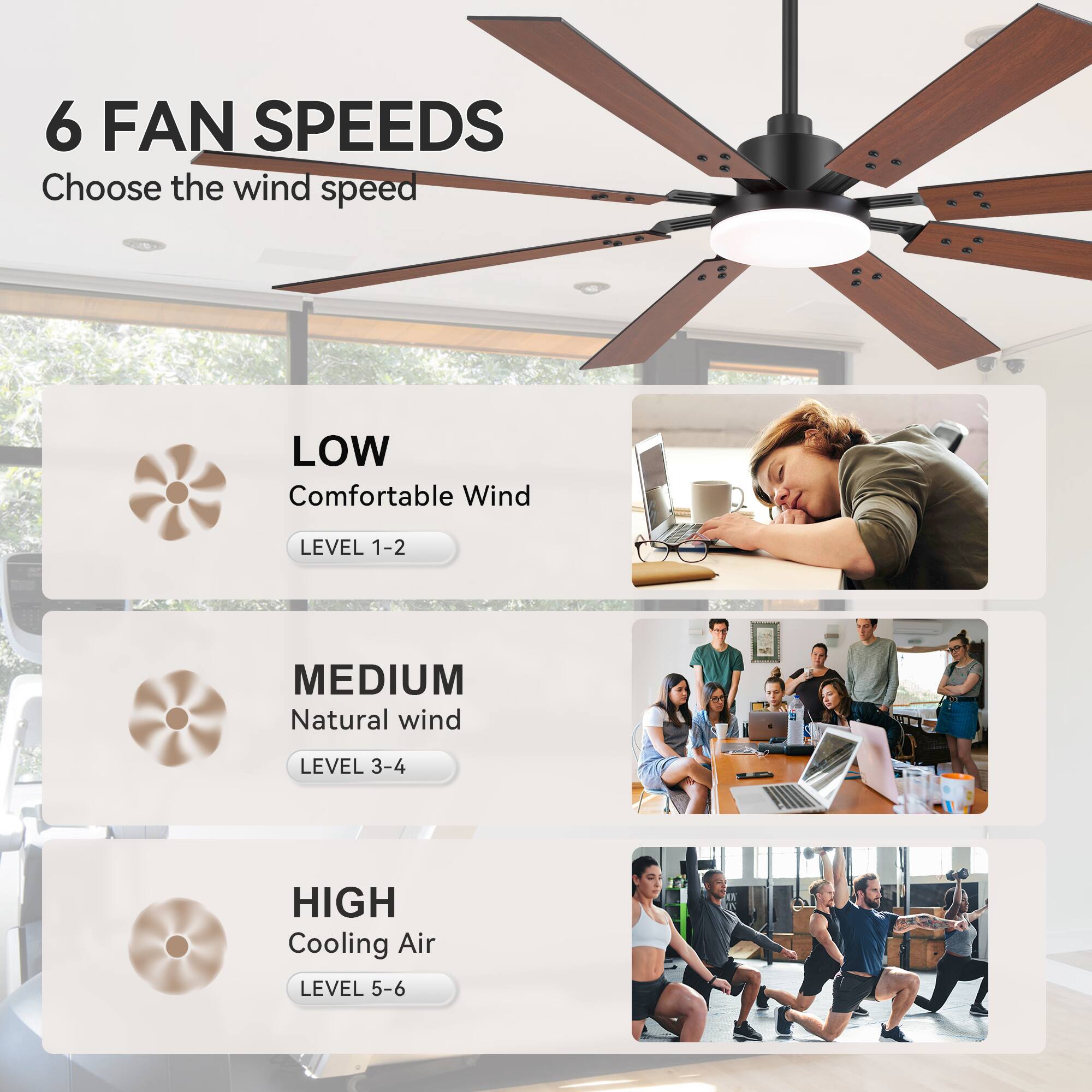 6 FAN SPEEDS  
Choose the wind speed

LOW  
Comfortable Wind  
LEVEL 1-2

MEDIUM  
Natural Wind  
LEVEL 3-4

HIGH  
Cooling Air  
LEVEL 5-6