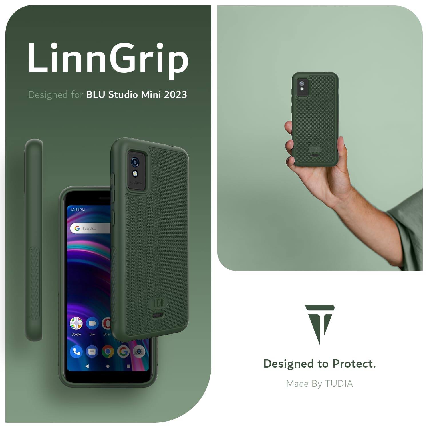 LinnGrip  
Designed for BLU Studio Mini 2023  

12:34PM  
Search TUDIR  

Google  
Due dperk  

Designed to Protect.  
Made By TUDIA