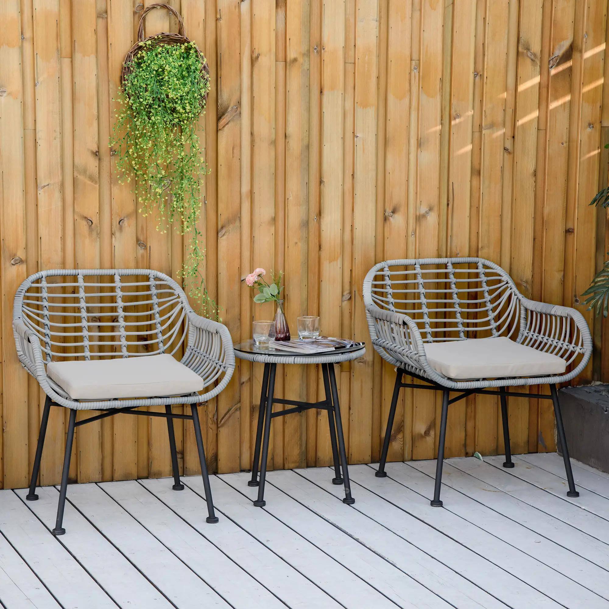 Left. Resenkos - Resenkos 3 Pieces Patio Set, Outdoor Bistro Furniture, PE Rattan, Cream White - Cream White.