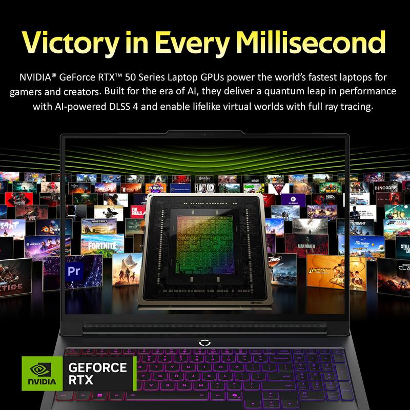 Victory in Every Millisecond

NVIDIA® GeForce RTX™ 50 Series Laptop GPUs power the world's fastest laptops for gamers and creators. Built for the era of AI, they deliver a quantum leap in performance with AI-powered DLSS 4 and enable lifelike virtual worlds with full ray tracing.