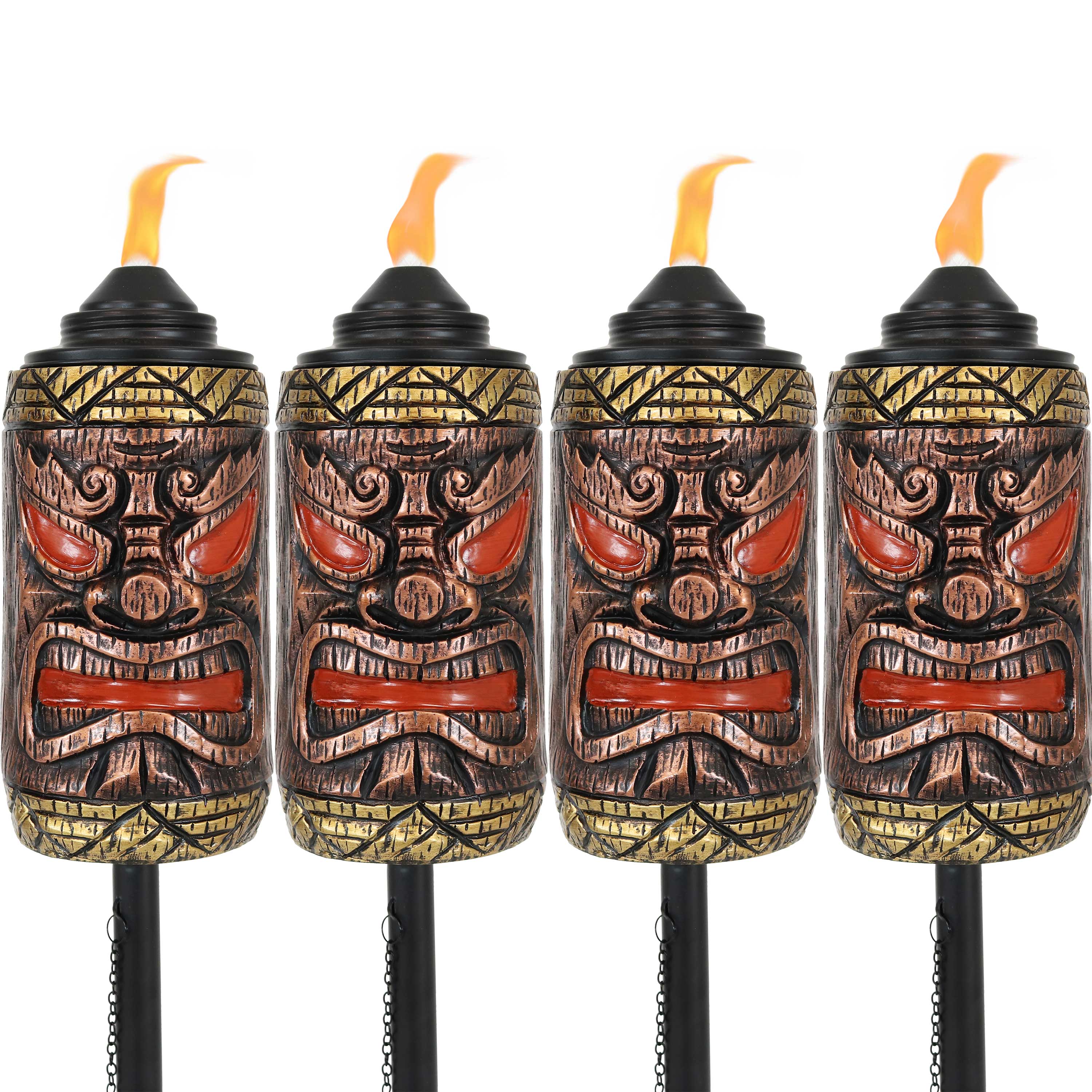 Front. Sunnydaze - Resin/Metal 3-in-1 Tiki Face Outdoor Lawn Torch - Set of 4 - Light Brown.