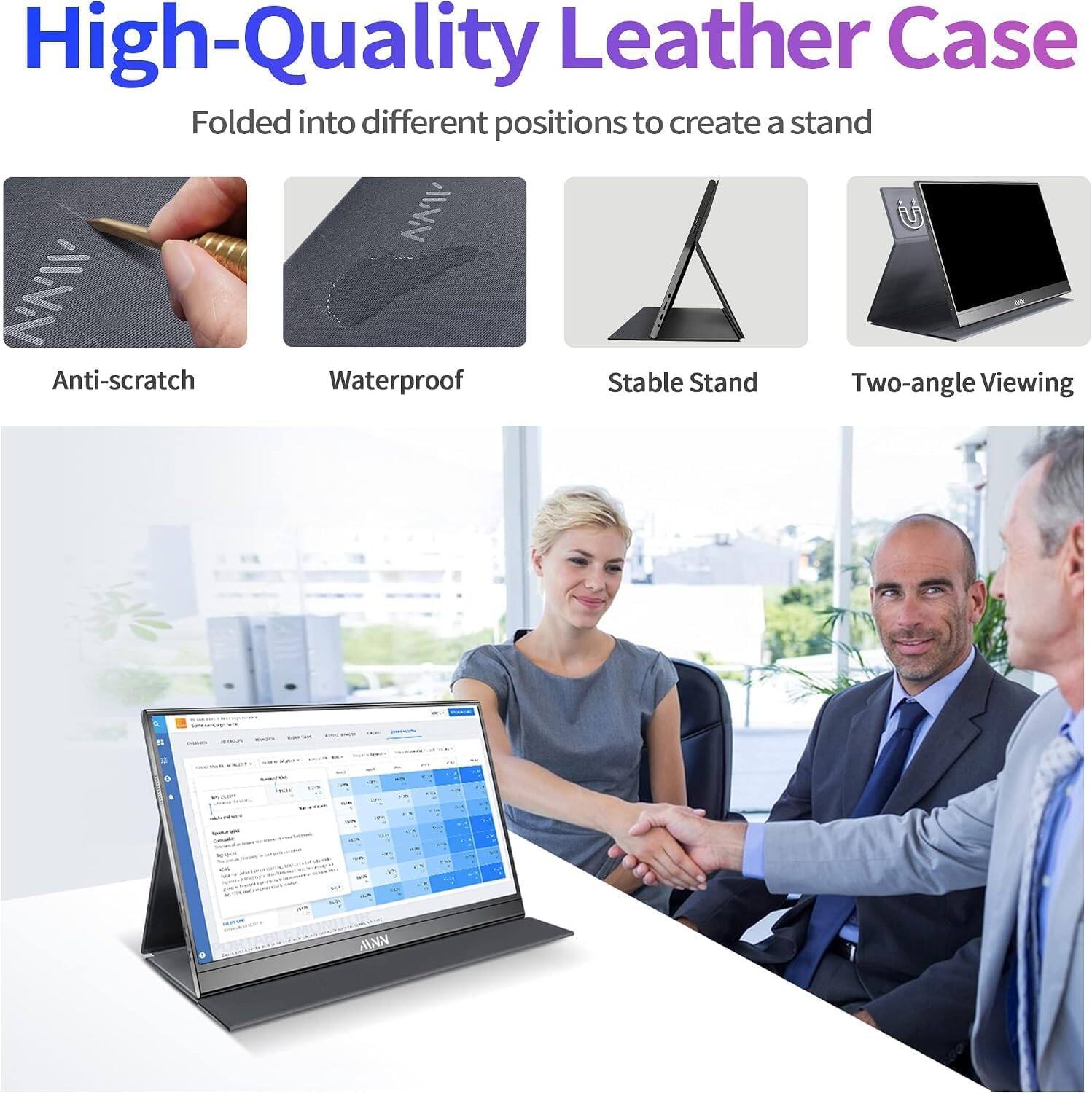 High-Quality Leather Case Folded into different positions to create a stand

- Anti-scratch
- Waterproof
- Stable Stand
- Two-angle Viewing