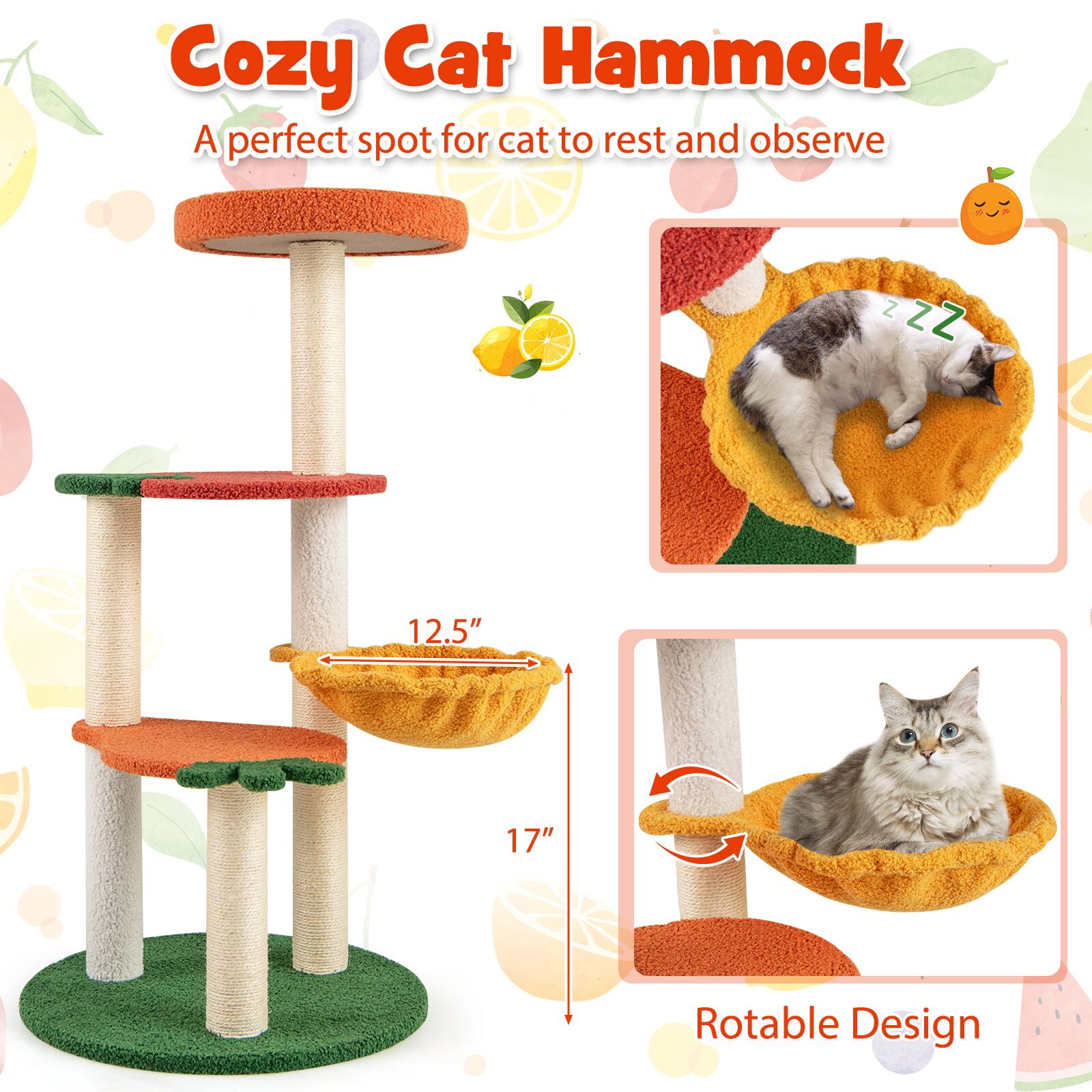 Cozy Cat Hammock  
A perfect spot for cat to rest and observe  

12.5"  
17"  

Rotable Design