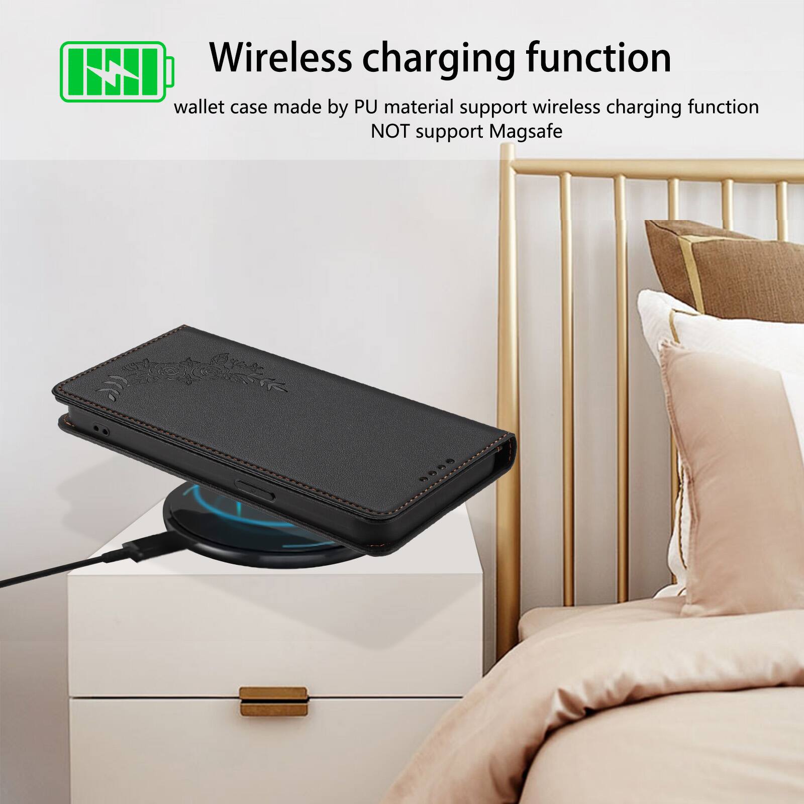 Wireless charging function

wallet case made by PU material support wireless charging function NOT support Magsafe
