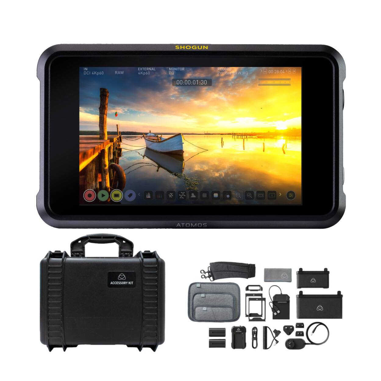 SHOGUN IN OCI 4Kp60 RAW EXTERNAL Kp60 MONITOR RO RECORD WAseSMaS AW 1 00-28:04 - 00:00:01:30 > ATOMOS ACCESSORY RIT