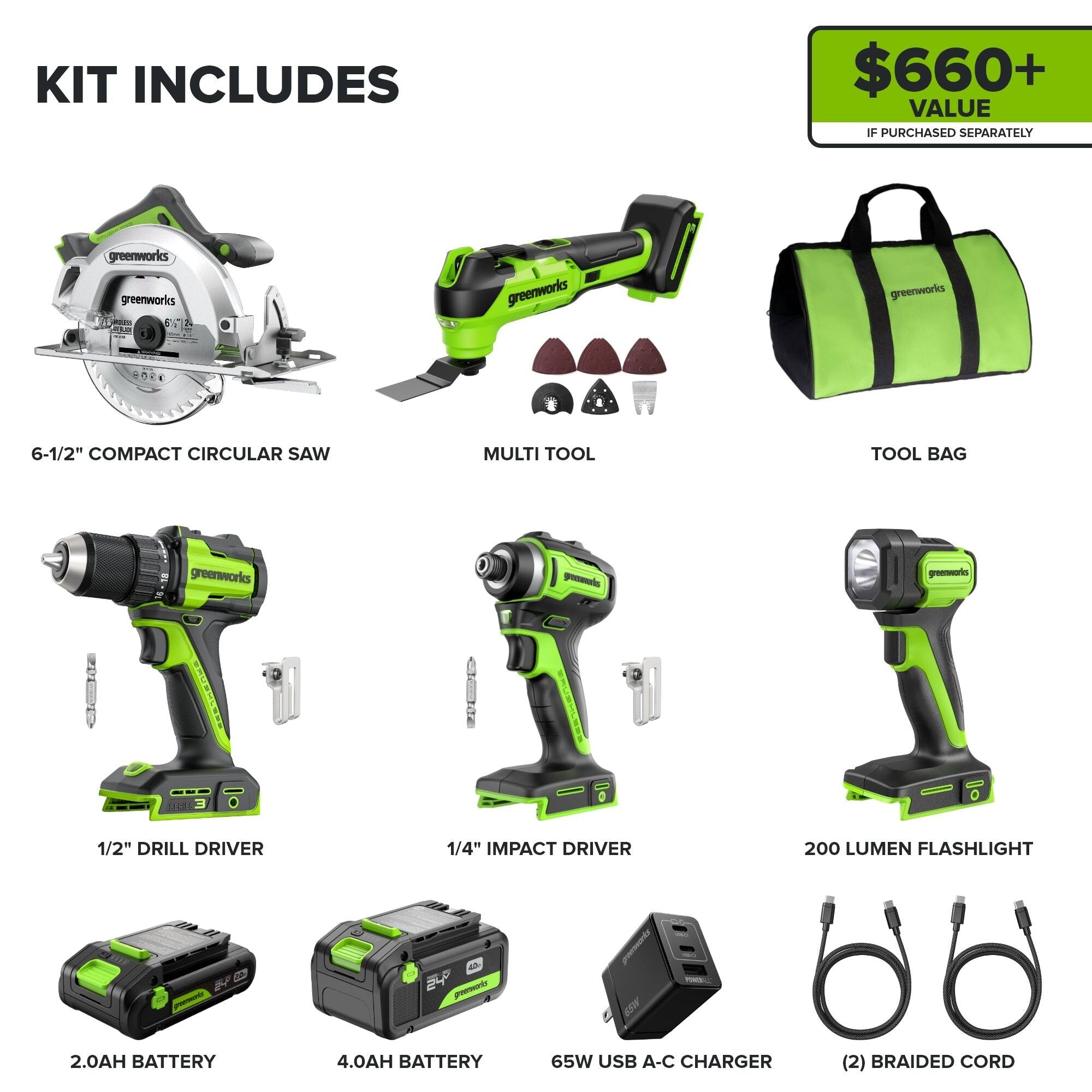 KIT INCLUDES

- 6-1/2" COMPACT CIRCULAR SAW
- MULTI TOOL
- TOOL BAG
- 1/2" DRILL DRIVER
- 1/4" IMPACT DRIVER
- 200 LUMEN FLASHLIGHT
- 2.0AH BATTERY
- 4.0AH BATTERY
- 65W USB A-C CHARGER
- (2) BRAIDED CORD

$660+ VALUE IF PURCHASED SEPARATELY