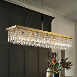 Siljoy - 8-Light Crystal Chandelier, Rectangular Flush Mount for Dining/Living Room & Kitchen Island - Gold