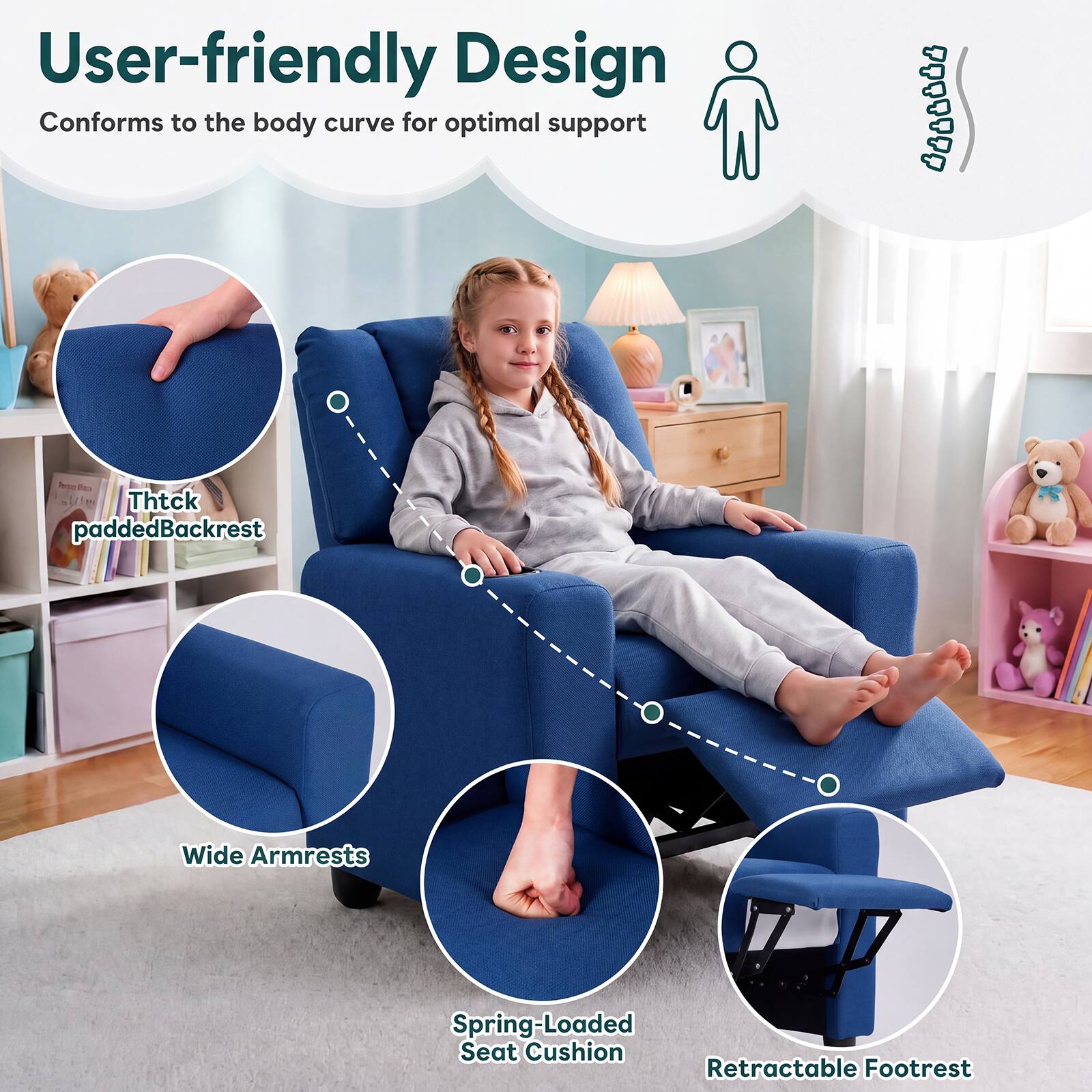 User-friendly Design  
Conforms to the body curve for optimal support

Thick padded Backrest  
Wide Armrests  
Spring-Loaded Seat Cushion  
Retractable Footrest